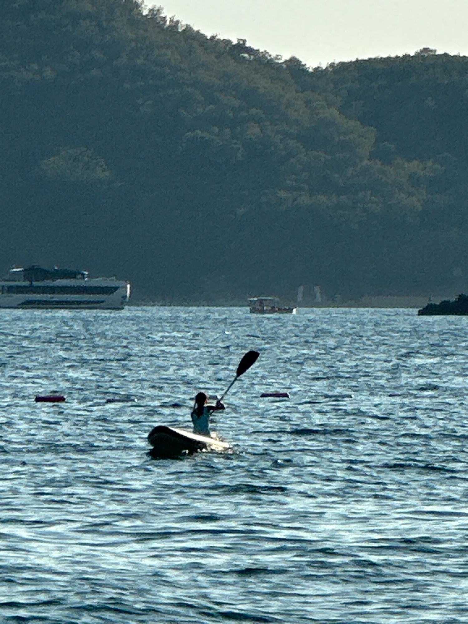 A person is paddleboarding on a body of water. The person is facing away from the camera, wearing a blue top and is holding a paddle. They are on a dark-colored paddleboard. There are several rectangular, pink buoys floating on the water. In the background, there is a large, white ferry or cruise ship. Further in the distance, there are hills covered in trees. The sky is overcast. The location is the Bay of Kotor in Montenegro, near the town of Perast, which is known for its two islands and baroque architecture, though these are not clearly visible in this specific frame.