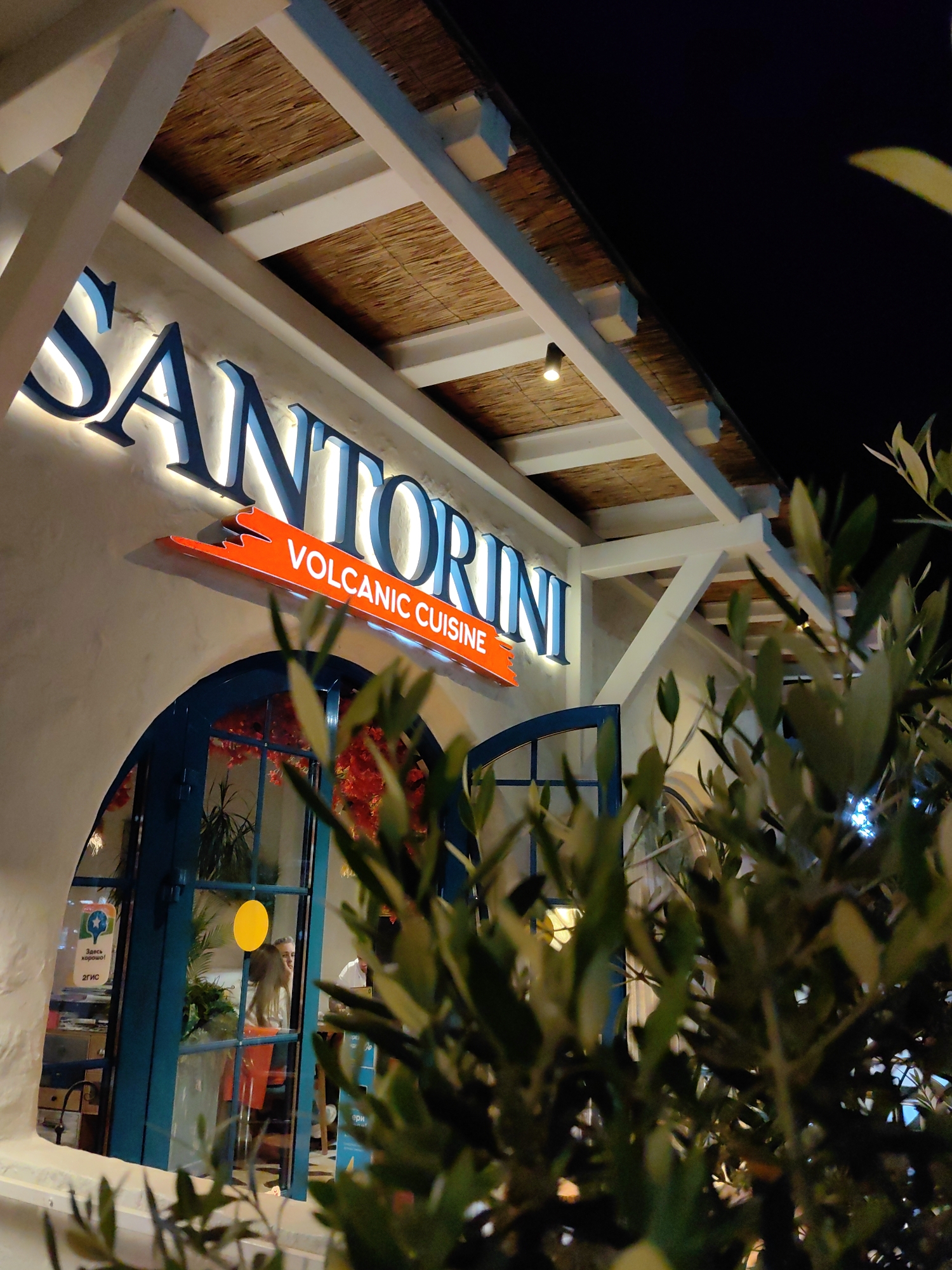 A nighttime, low-angle photograph depicts the exterior of a restaurant named "SANTORINI VOLCANIC CUISINE" in Sochi, Russia. The building features a textured, off-white facade with a prominently displayed, illuminated sign. "SANTORINI" is rendered in large, blue, backlit letters with a white glow, positioned above a red, jagged-edged sign that reads "VOLCANIC CUISINE" in white capital letters. Above the signage, a white wooden beam structure supports a thatched roof, beneath which a small, warm-toned downlight is visible.
The restaurant's entrance consists of a large, arched, teal-blue door or window frame with glass panels. Through the glass, interior lighting reveals red floral decorations and green potted plants. Several individuals are visible inside; one person with long hair is partially obscured by a circular yellow sticker affixed to the glass, while another person in a white shirt is visible deeper within the establishment. A sticker on the left pane of the door displays a blue star and text in Russian, including "Здесь хорошо!" (It's good here!) and "2ГИС," confirming the location in Russia.
The foreground and right side of the image are occupied by out-of-focus green foliage, consistent with olive branches, partially obscuring the view of the restaurant's right side. Beyond the foliage, faint blue decorative lights are visible against the dark night sky. The overall scene is well-lit by the restaurant's signage and interior illumination, contrasting with the dark background.