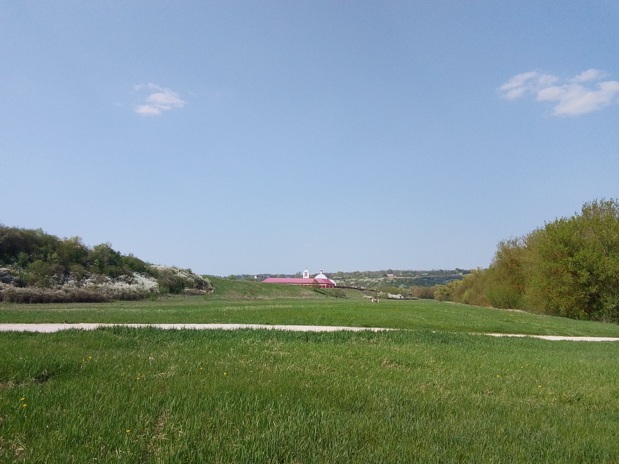 The photograph depicts a rural landscape in Каменка, Russia. A field of green grass occupies the foreground. A white path crosses the field horizontally. Beyond the field is a slightly elevated area with vegetation. A building with a red roof and white tower is visible in the distance, possibly a church or similar structure. The sky is blue with a few scattered clouds. Vegetation, including trees and shrubs, borders the edges of the scene.
