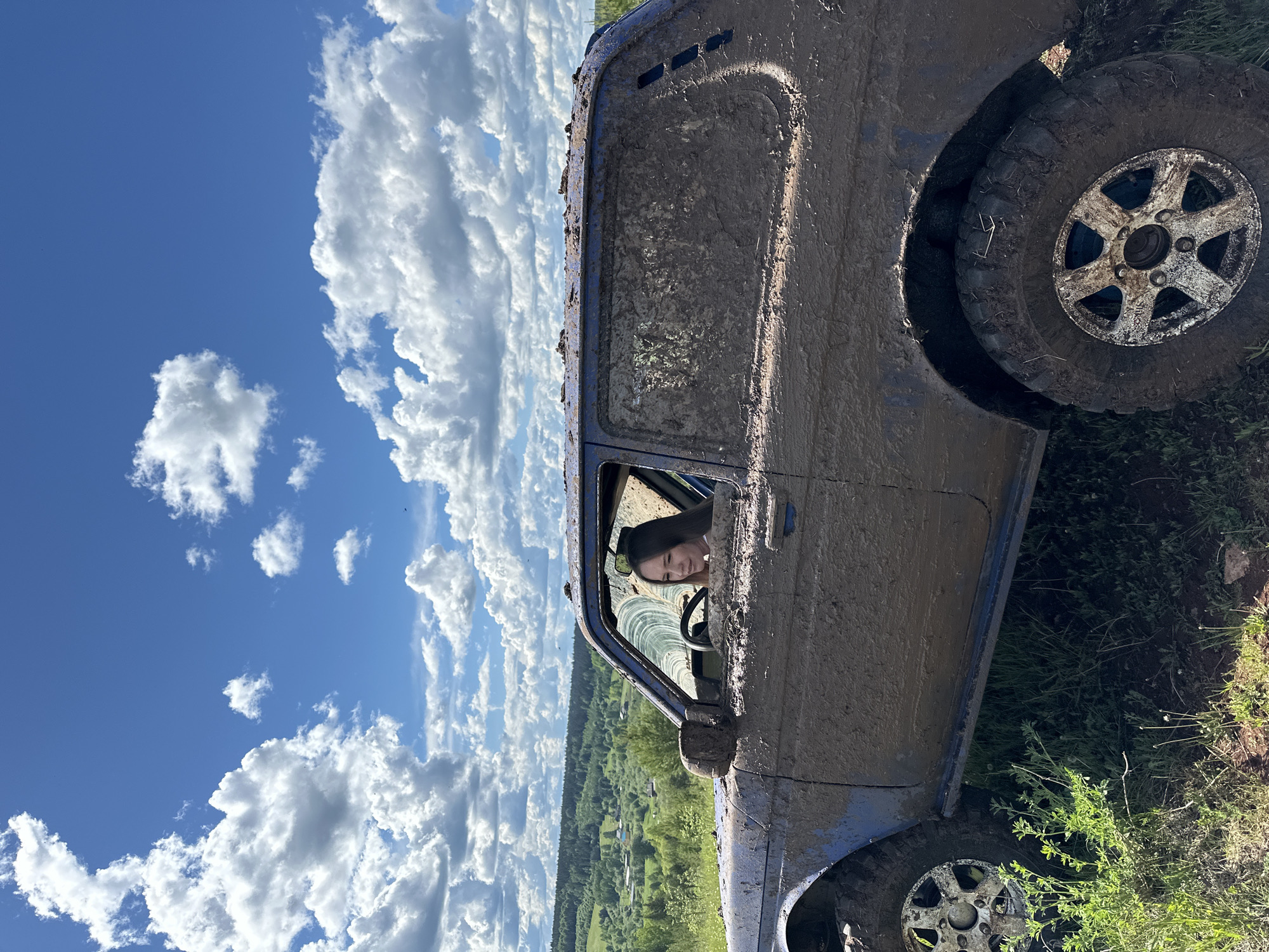 A mud-covered blue vehicle sits on a grassy slope under a partly cloudy sky. A person is visible in the driver's seat. In the background, a landscape of trees and fields suggests a rural setting. This scene is in the city of Ilyinsky, Russia.