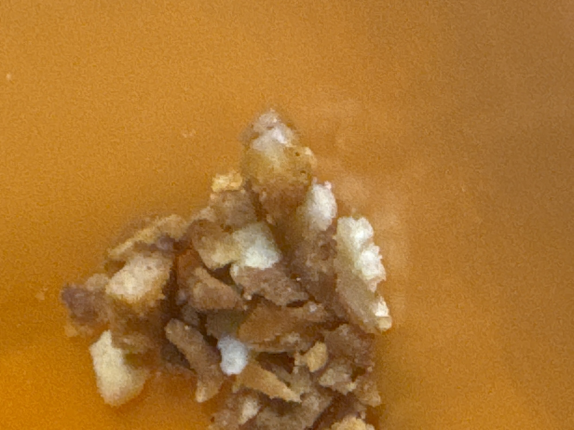 The image shows a close-up, top-down view of a pile of small, irregular, light brown and white pieces of what appears to be crumbled bread or croutons resting on a smooth, textured, bright orange surface. The orange surface has a slight sheen and appears to be a solid object, possibly a plate or bowl. The texture on the orange surface is a uniform, fine, granular pattern. The focus is on the food item. The lighting is even and appears to be coming from above. There is no indication of the location being in Moscow, Russia or any other specific geographical location.