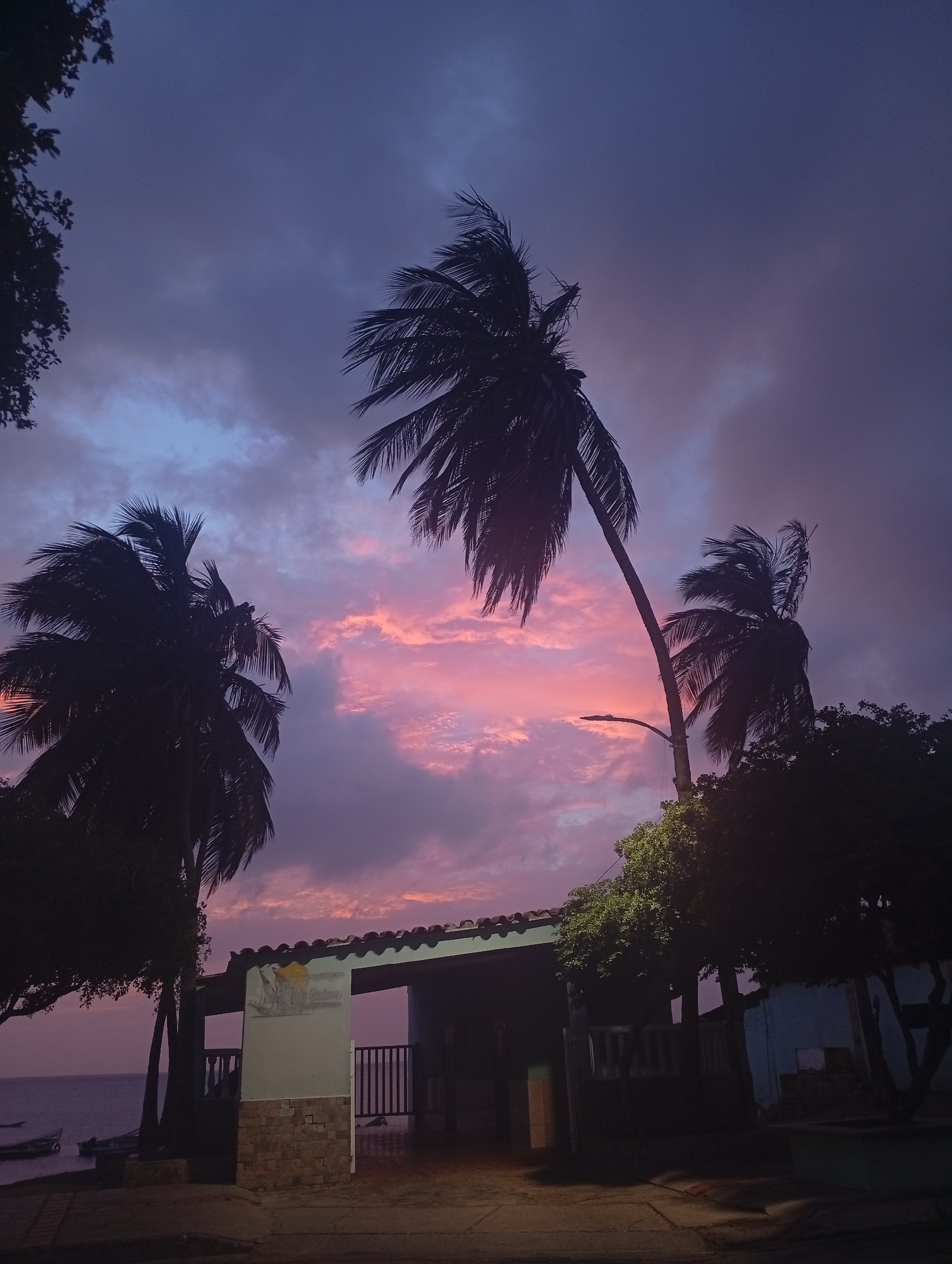 The image depicts a scene in Juan Griego, Venezuela, captured during dusk or dawn. The sky is filled with a mix of purple, pink, and blue hues. Three palm trees stand prominently in the frame, their silhouettes contrasting against the colorful sky. A building with a tiled roof and an artwork on a wall is visible. The structure appears to be a gateway, as the iron bars can be seen through it. The sea and small boats are in the background. Vegetation surrounds the building. The ground in the foreground is paved.