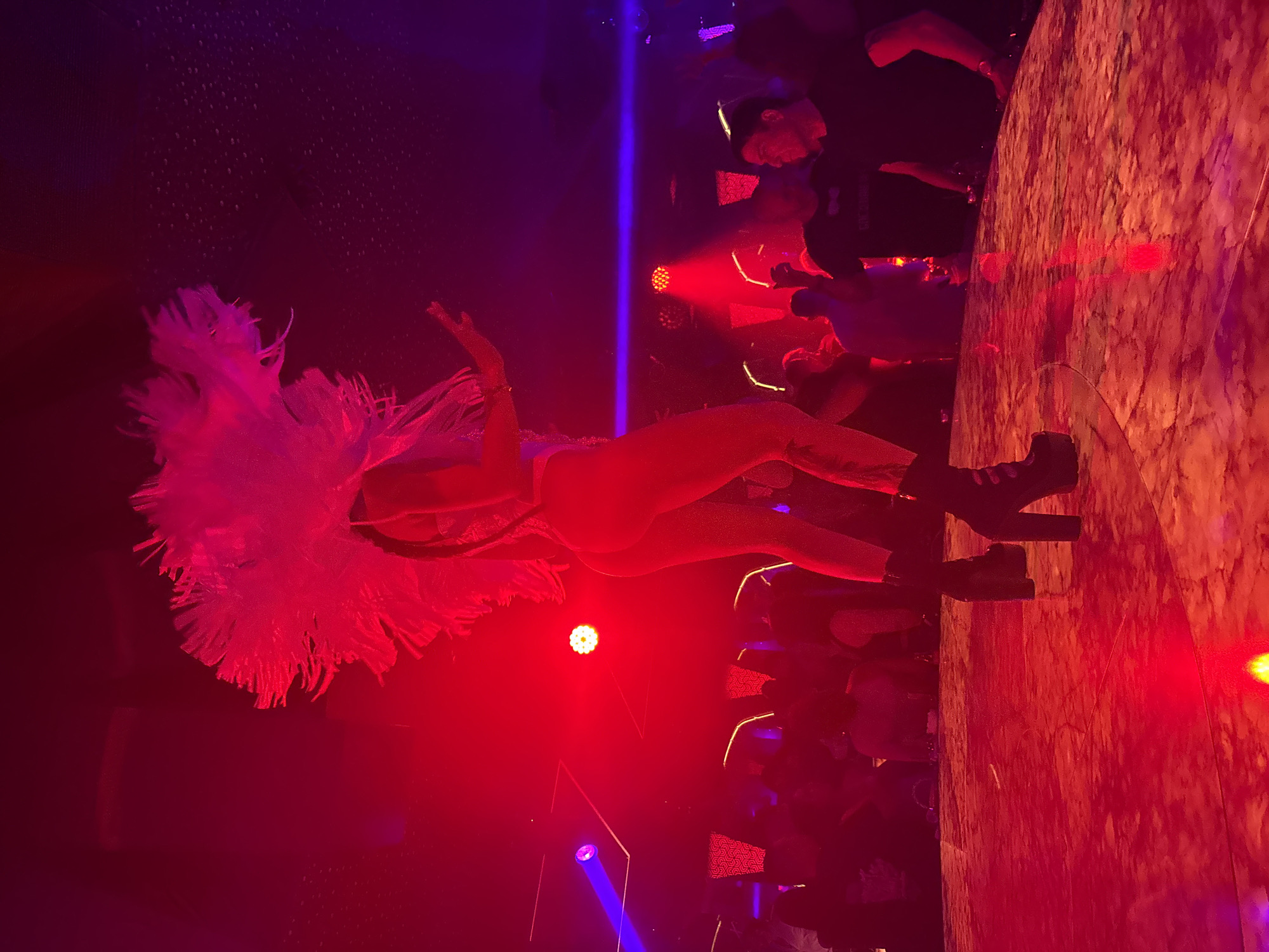 A performer stands on a lit stage under red and blue stage lights, likely in a nightclub. The person wears a costume including a feathered headdress, bodysuit, and boots. The stage has a glossy surface. Audience members are visible in the background, some looking towards the stage. The lighting and background details suggest the location could be a nightlife venue in Sofia, Bulgaria.
