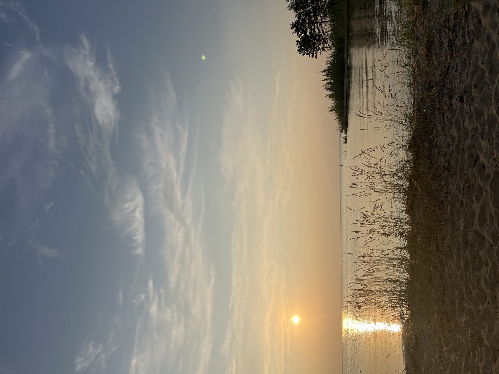 The image depicts a serene natural landscape with a focus on a body of water, a beach, and the sky. In the foreground, sand dunes are visible, with tall, dry grass growing along the edge of the beach. Beyond the sand, a calm body of water stretches out, reflecting the warm, golden hues of a setting sun. The sun itself is a bright orb positioned low on the horizon, casting a shimmering path of light across the water's surface. In the distance, a line of trees forms a dark silhouette against the illuminated sky on the right side of the frame. The sky is a gradient of soft blues and oranges, with wispy, elongated clouds scattered across it. One of the cropped images shows a faint green lens flare in the upper right quadrant of the sky. The scene suggests a peaceful, tranquil environment, likely a coastal or lakeside area at dusk. The location is identified as Borovoe, Russia.