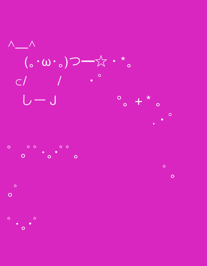 The image displays a large kaomoji, a Japanese emoticon, rendered in white characters against a solid magenta background. The main kaomoji figure, centered on the left, combines elements such as `^_^` for eyebrows or ears, `(。・ω・。)` for a face with wide eyes, and `⊃ー☆` suggesting an arm holding a star. This star is accompanied by `・*。` indicating sparkles or a trail. Below the main face are `c/` and `/` which could represent clothing or additional limbs, and `しーJ` forming feet or a base. Scattered across the magenta background, particularly towards the right and bottom, are various small white symbols including dots (`.`), circles (`o`), asterisks (`*`), and a plus sign (`+`), adding a whimsical or decorative quality to the scene. The image is a piece of digital character art, not depicting a real-world scene or event.