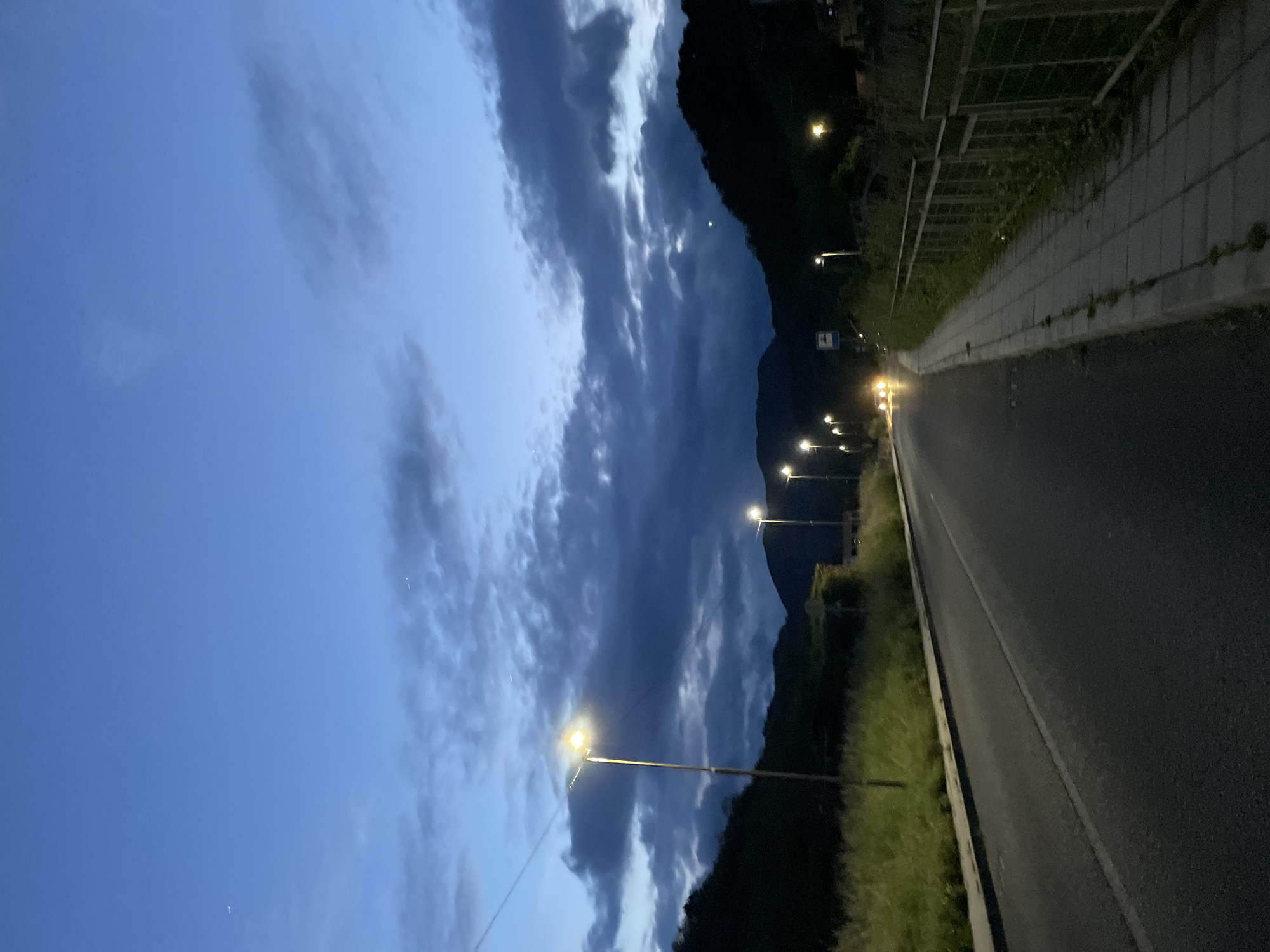 The image shows a street scene in Zlatograd, Bulgaria at dusk. The sky is predominantly blue with dark, textured clouds. A line of streetlights illuminates the road, which stretches into the distance. To the right of the road is a sidewalk lined with vegetation and a metal fence. On the left side of the road are more plants and dark, forested mountains. The scene is quiet, with no visible people or vehicles.