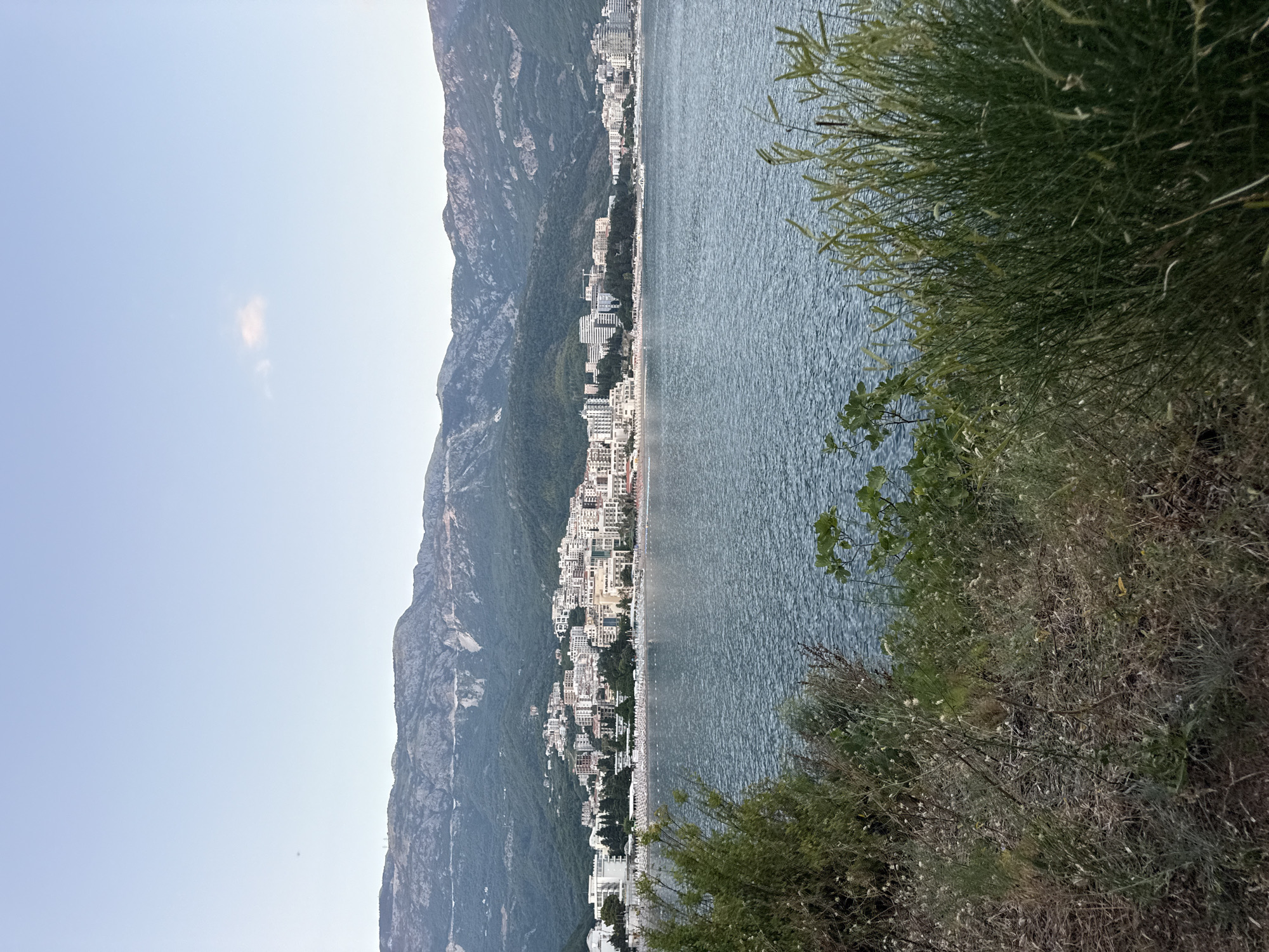 The image shows a coastal city with a bay in the foreground. Mountains form the backdrop of the city. The city appears to be densely populated with buildings of various heights and architectural styles. A beach lined with umbrellas and loungers is visible along the coastline. The water in the bay is calm and reflects the sky. The foreground is dominated by vegetation, including grasses and shrubs. The sky is clear with a single, small cloud. The scene suggests a daytime view of a Mediterranean coastal resort. The city is identified as Boreti, Montenegro.
