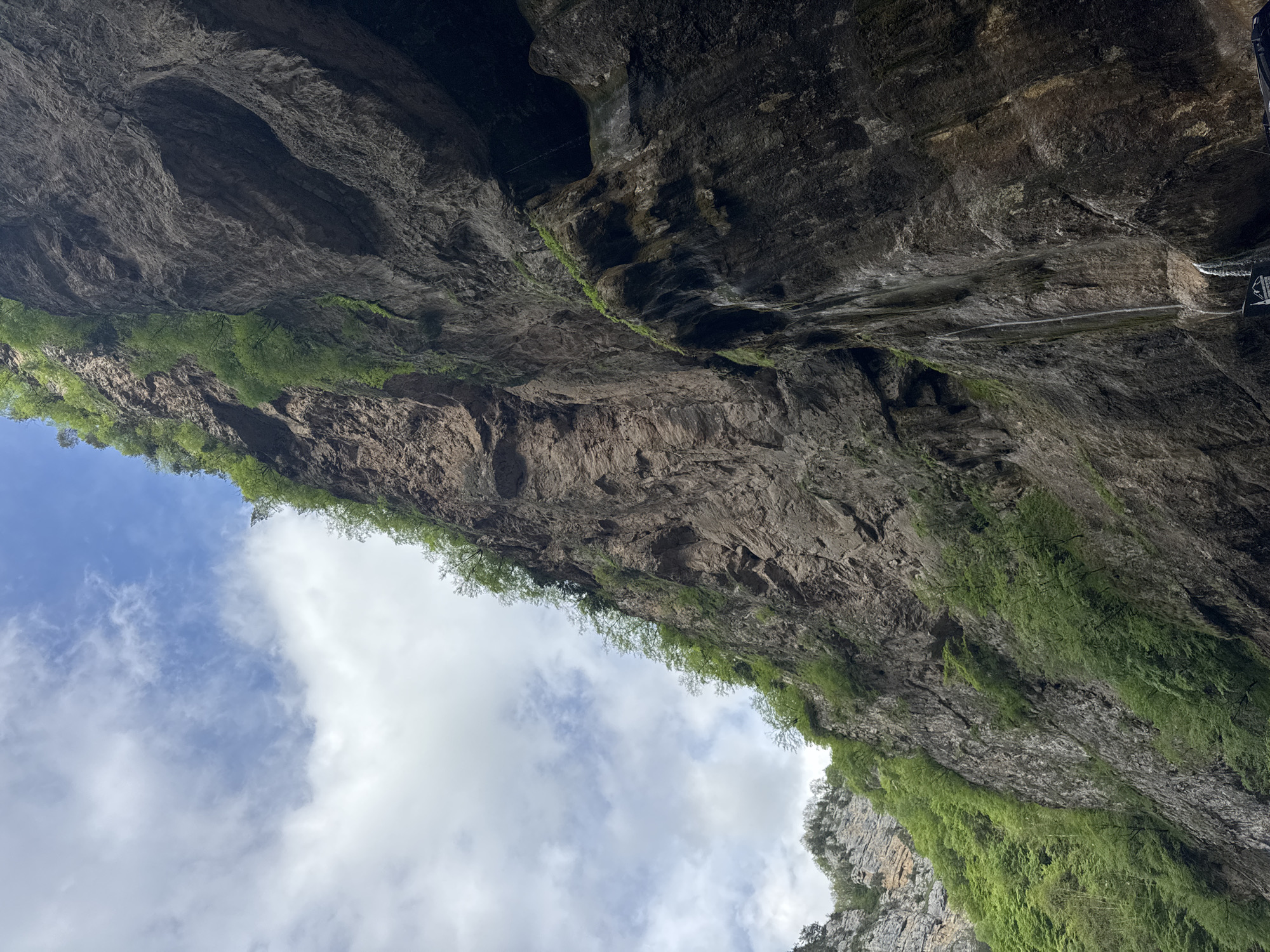The image depicts a view looking upwards inside a canyon. The walls of the canyon are steep and rocky, with vegetation growing along the edges and crevices. The sky is visible at the top of the frame, with white clouds against a blue background. The rock formations are dark and textured. The location appears to be a natural environment. No people, subjects, actions, or interactions are visible. The city is Unknown, Unknown.