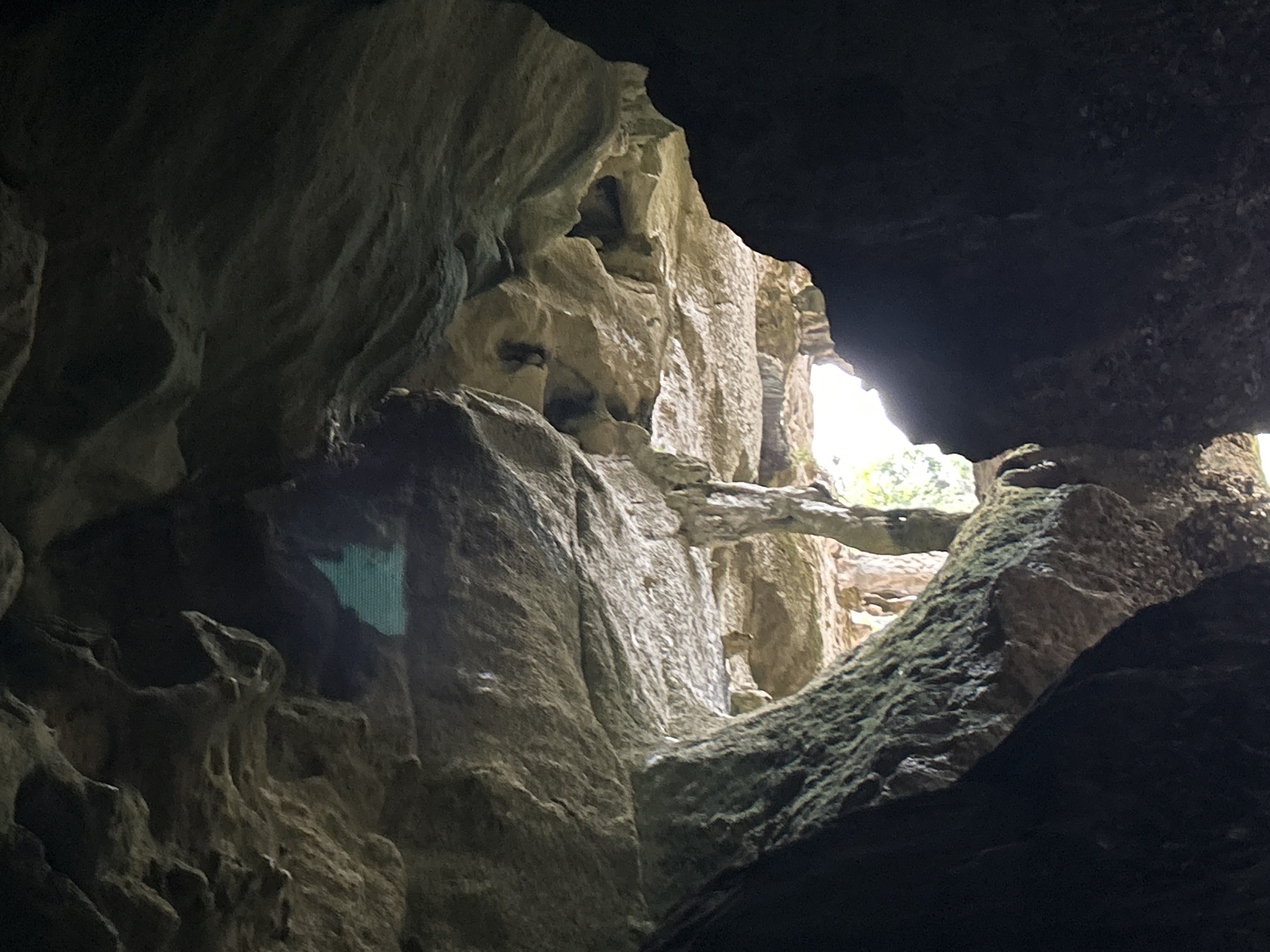 The image shows the interior of a cave, with a view looking out towards an opening. The cave walls are rough and uneven, with varying textures and colors ranging from dark browns and grays to lighter earthy tones. Stalactites and stalagmites are visible in places, contributing to the natural, eroded appearance of the cave. Sunlight streams in from the opening, illuminating parts of the cave and highlighting the rock formations. Lush green vegetation can be seen through the opening, suggesting an outdoor environment beyond the cave. There are no people or animals present in the image. The scene depicts a natural geological formation, likely a cave or rock shelter, within a green, possibly forested area. There is no information in the image to suggest a specific location in the city of Krasom, Thailand.