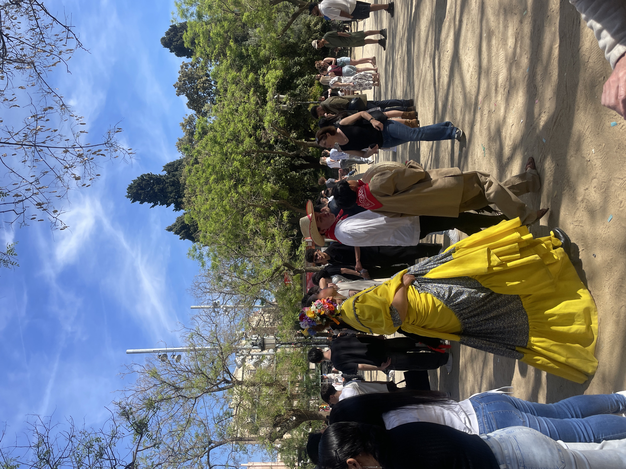 A daytime, outdoor shot depicts a crowd of people in Barcelona, Spain. They are lined up on a dirt path. The sky is blue with scattered clouds, visible above the trees.
Individuals: There are men and women of varying ages, some wearing traditional clothing. One woman wears a vibrant yellow dress with a floral headpiece. A man is dressed in a tan suit with a red bandana and a straw hat.
Objects: Trees and streetlights are seen along the side of the path. Confetti litters the dirt ground.
Actions: The people are standing and looking in one direction, presumably at an event or performance.
Interactions: People are standing next to each other in line and watching the display.
Environment: The setting is a park or plaza in Barcelona, with trees and buildings in the background.