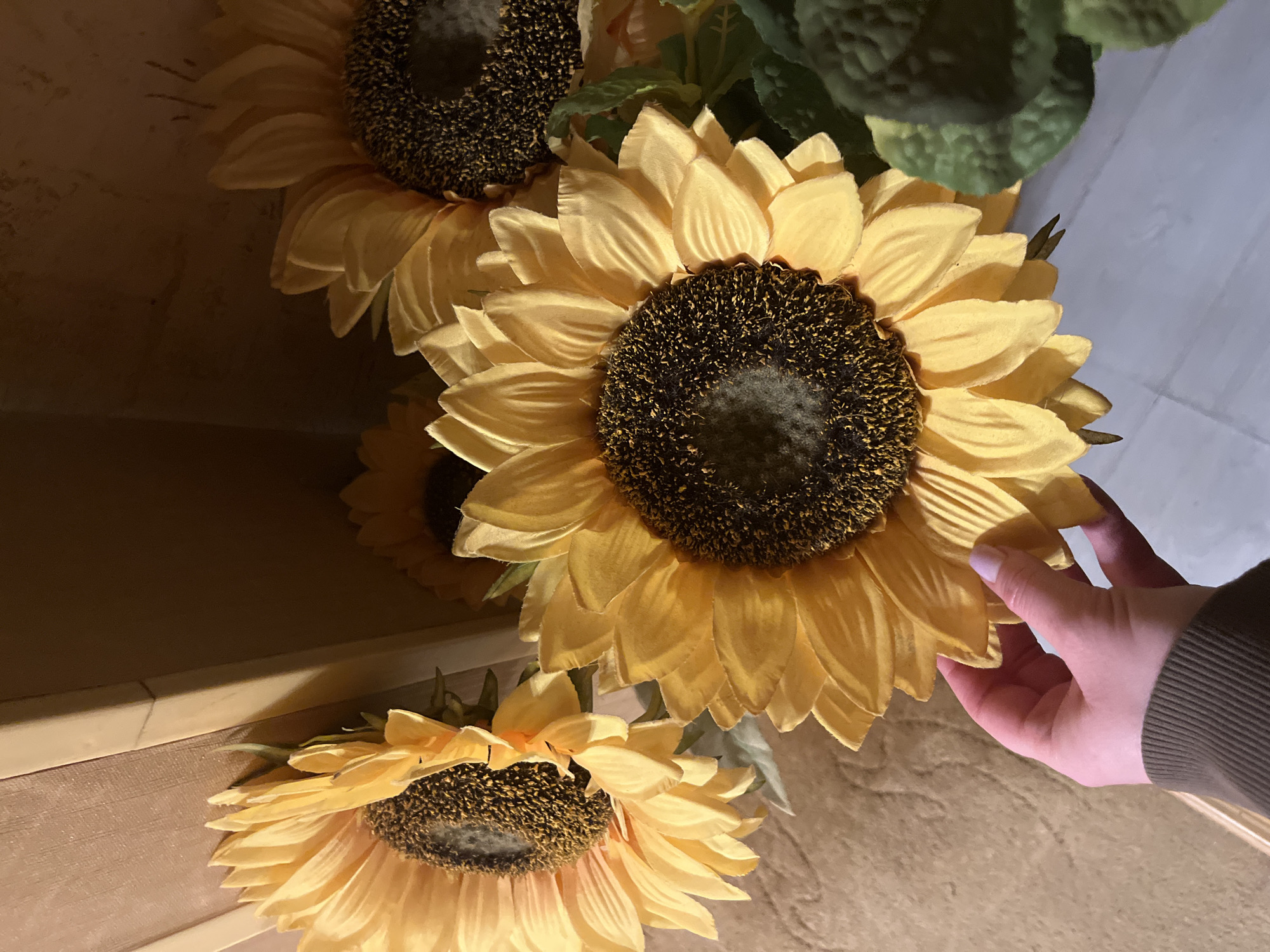 The image shows a close-up view of artificial sunflowers. There are four visible sunflower heads, with the largest one being centrally positioned and partially touched by a hand. The sunflowers have yellow petals and dark brown centers. Green leaves are visible in the upper right corner. The background is a mix of beige and light gray, likely representing a wall and floor. The location, Klin, Russia, is not discernible from the image.