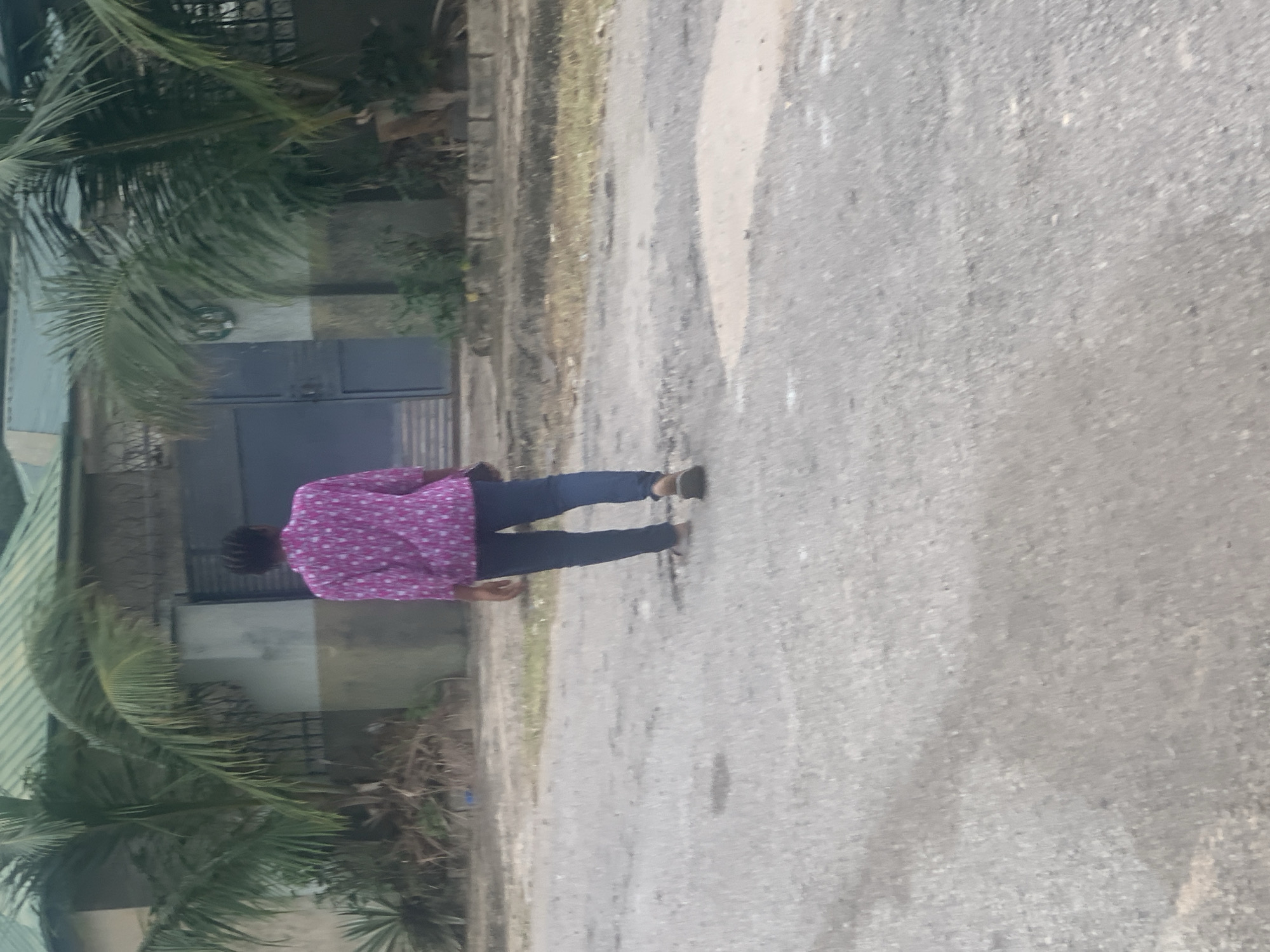 A person with dark skin, wearing a bright pink patterned shirt and dark blue trousers, walks away from the camera on a paved road. The person's hair is styled in short braids. They are wearing flat sandals. In the background, there is a building with a green roof and a dark blue door. Palm trees are visible in front of the building. The road appears to be in a state of disrepair, with several potholes and patches of gravel. The lighting suggests an overcast day. The scene appears to be in Abuja, Nigeria, given the presence of tropical vegetation and the style of the building.