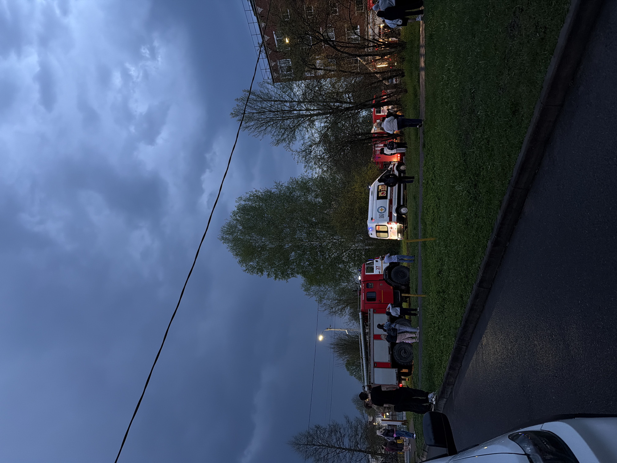 The image shows a street scene in Reshetnikovo, Russia at dusk. The sky is filled with dark, heavy clouds. On the right side of the image, there is a green grassy area with trees, a sidewalk, and a section of asphalt road. Several emergency vehicles are parked along the grass, including a white ambulance and a red fire engine. Multiple people are standing and gathered near the emergency vehicles. A multistory building is visible in the background. A power line stretches diagonally across the upper-left of the frame. A white car is partially visible in the lower-right corner.