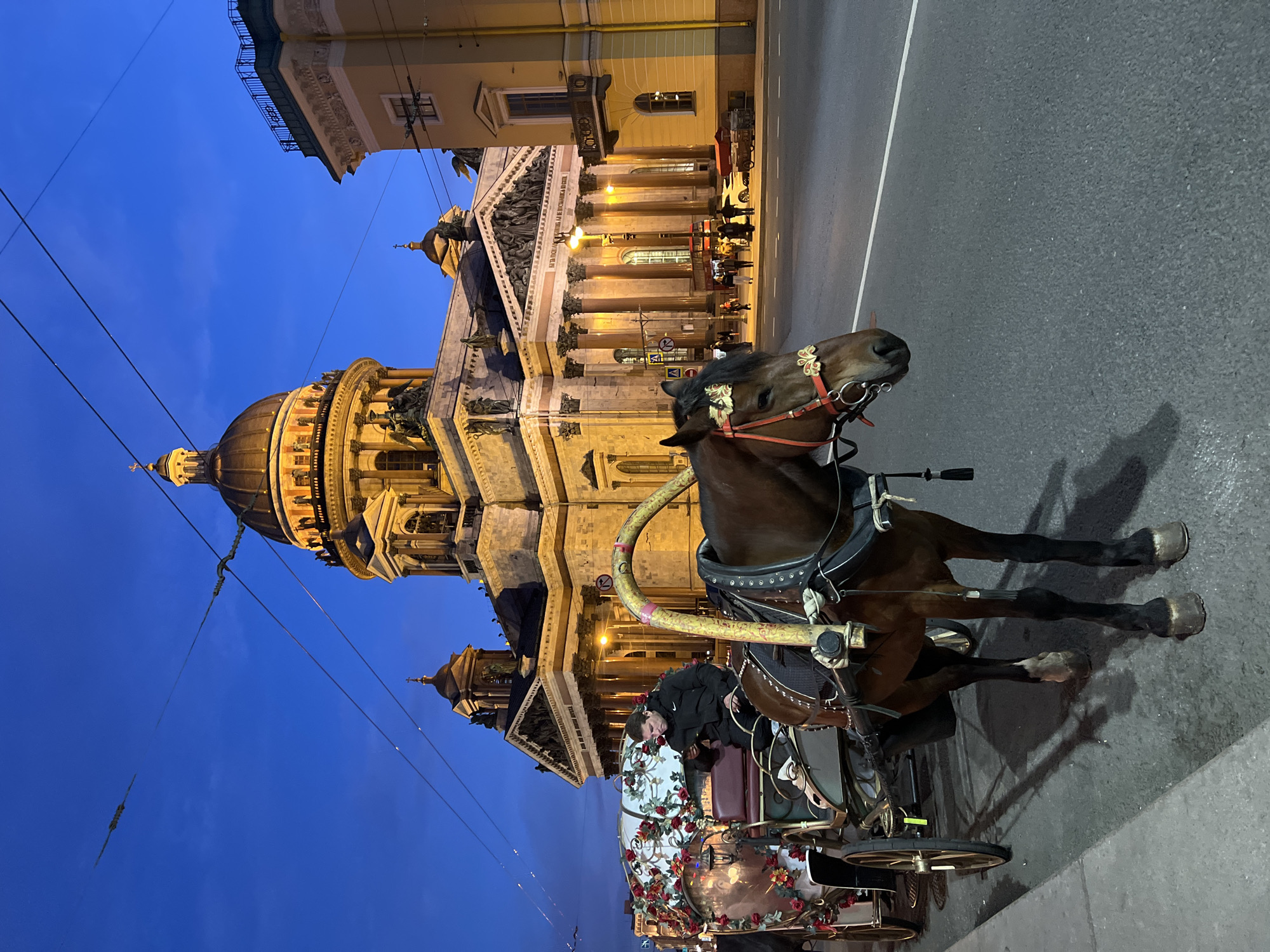 The image captures a horse-drawn carriage parked on a street in Saint Petersburg, Russia, with St. Isaac's Cathedral prominently featured in the background. The cathedral's dome and illuminated façade are clearly visible, bathed in warm light against the backdrop of the evening sky. The horse, adorned with decorative details on its harness and headstall, stands harnessed to an ornate carriage embellished with floral arrangements. A person, dressed in dark clothing, is seated on the driver's seat of the carriage. The street is visible, displaying the paved surface of the road. Power lines are strung above the street, adding a contemporary element to the otherwise historical scene.