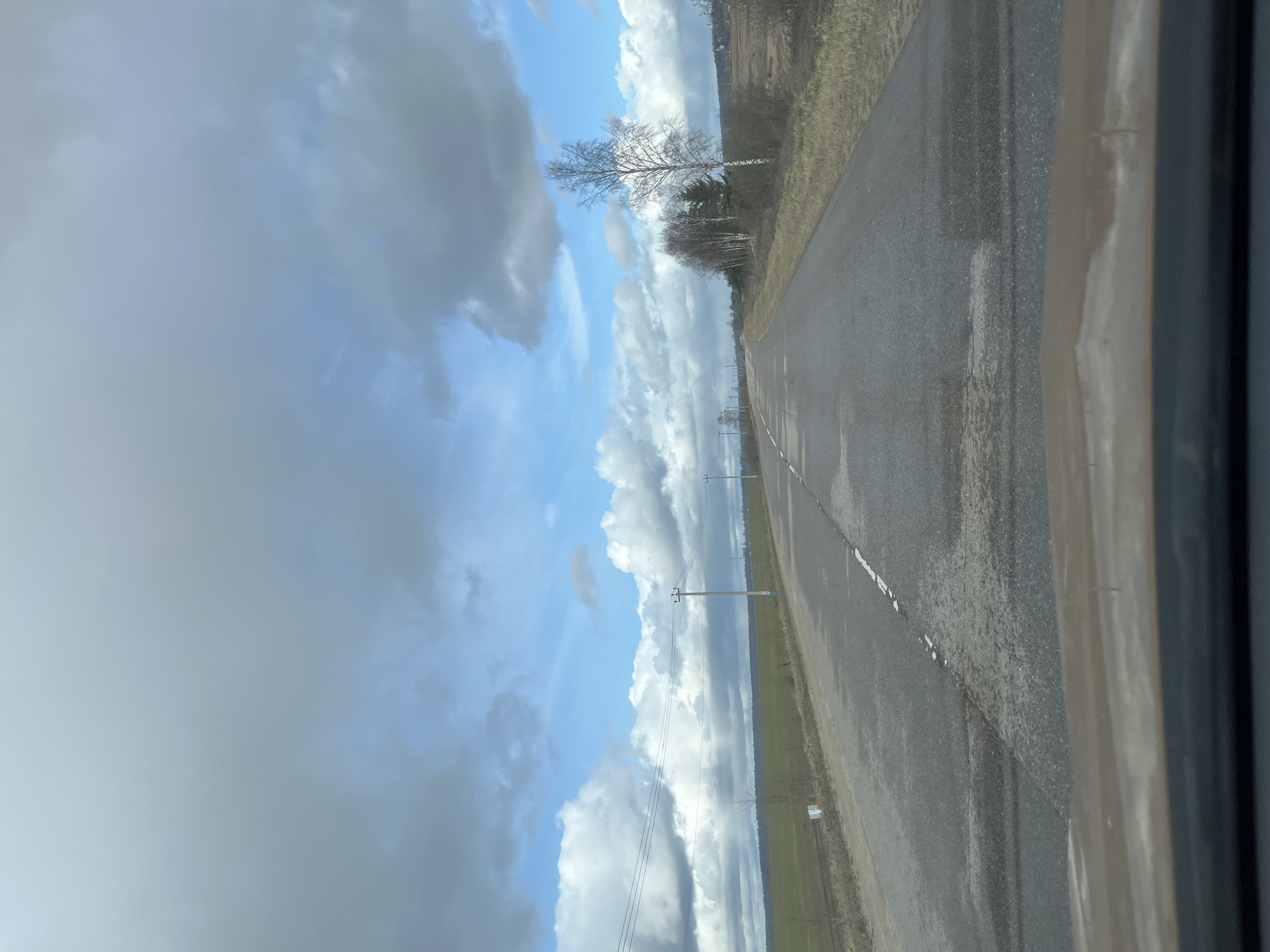 The image shows a rural roadside view, possibly taken from inside a vehicle. To the right is an asphalt road with a white stripe along the edge. Adjacent to the road is a grassy verge with trees in the background. Telephone poles line the left side, extending into the distance. The sky is mostly overcast with large, billowing clouds. The scene suggests a location on the outskirts or in a rural area near Ямуга, Russia.