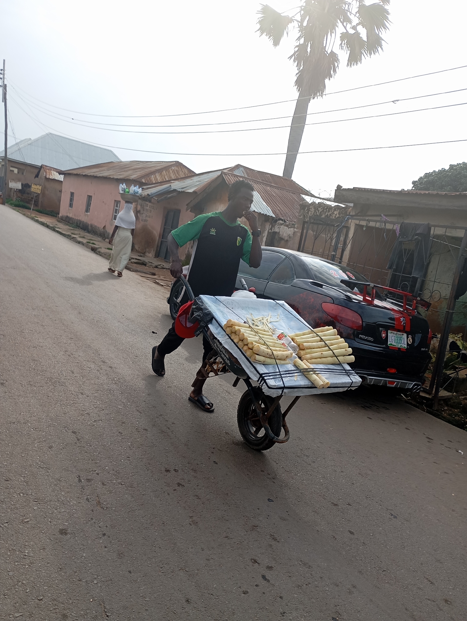 A man pushes a wheelbarrow loaded with sugarcane stalks down a paved street in Shendam, Nigeria. The man is wearing a green and black t-shirt and dark pants, with a red hat tucked into his waistband. A woman in a white head covering and long skirt walks away from the man in the background, carrying a tray of water bottles on her head. A black Peugeot car with a prominent spoiler is parked on the right side of the street, next to a building with a metal fence. The sky is overcast, and a palm tree is visible in the upper right corner of the image. The street appears to be lined with buildings, some with corrugated metal roofs.
