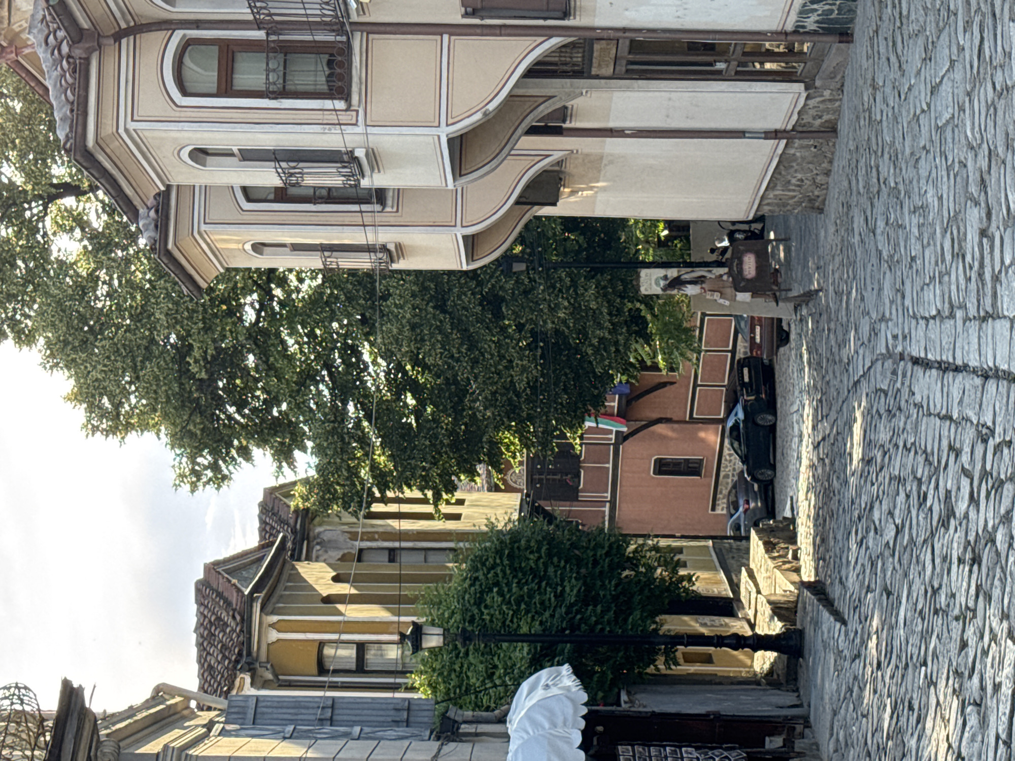The image shows a street in the Old Town of Plovdiv, Bulgaria. The street is paved with cobblestones. There are traditional Bulgarian Revival-style houses on both sides of the street. The houses are painted in various colors, including beige, brown, yellow, and pink, and have distinctive overhanging bay windows and decorative details. Trees are visible, partially obscuring the buildings. A lamppost stands on the left side of the street. A Bulgarian flag is visible in the background. A parked car is also visible.