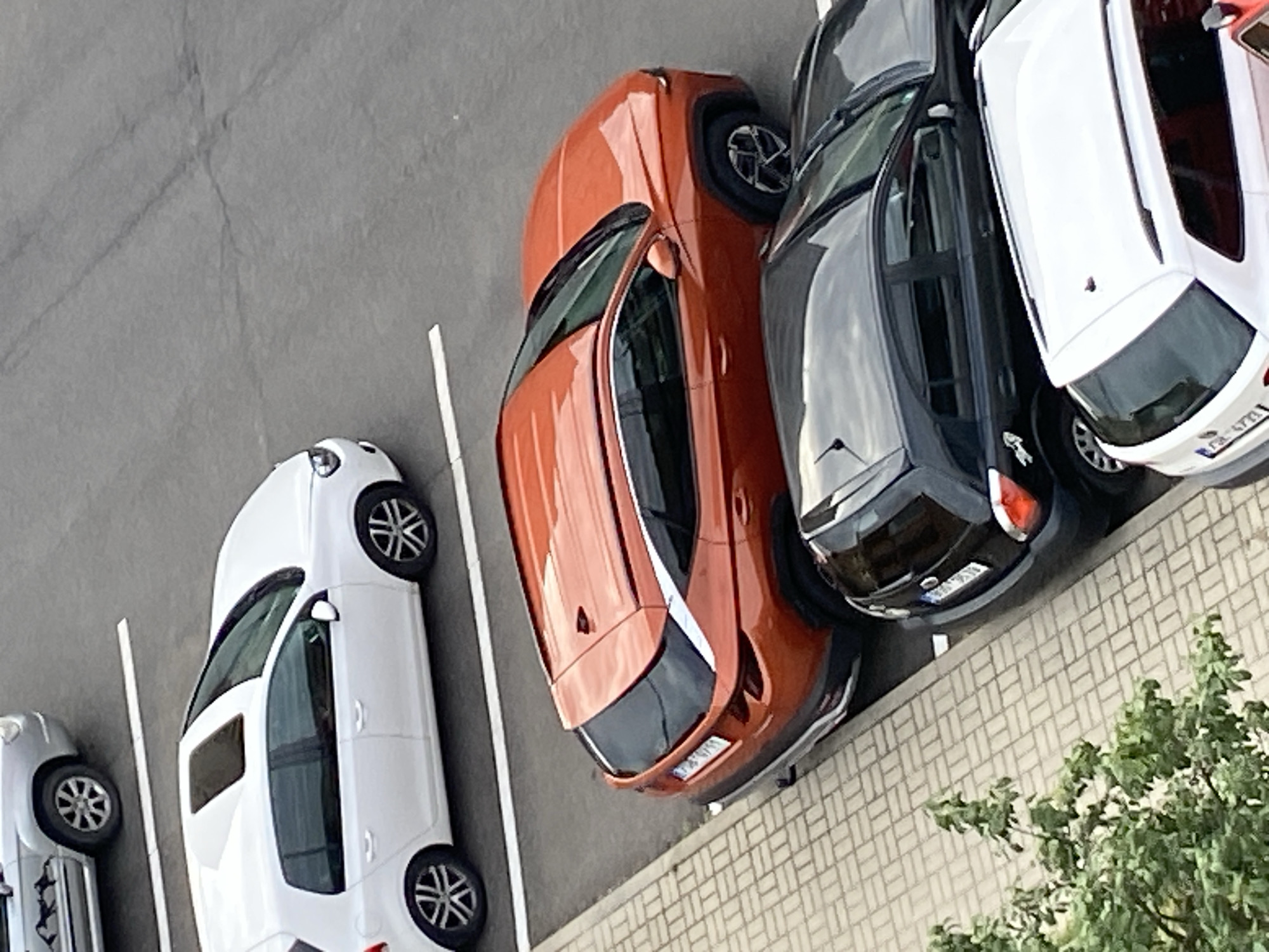 The image shows a parking lot with several cars parked in marked spaces. In the foreground, a white station wagon is parked. Behind it, a black hatchback is visible, and further back, an orange SUV is parked. A white hatchback with a sunroof is parked in the upper portion of the image, and a silver SUV is parked to its left. The parking lot surface is asphalt, and the spaces are demarcated by white lines. To the left of the parking lot is a paved area with a brick pattern, and some greenery is present in the lower left corner. The scene appears to be in a city in Bílina, Czechia, given the presence of license plates and the overall urban environment. There are no people visible in the image.