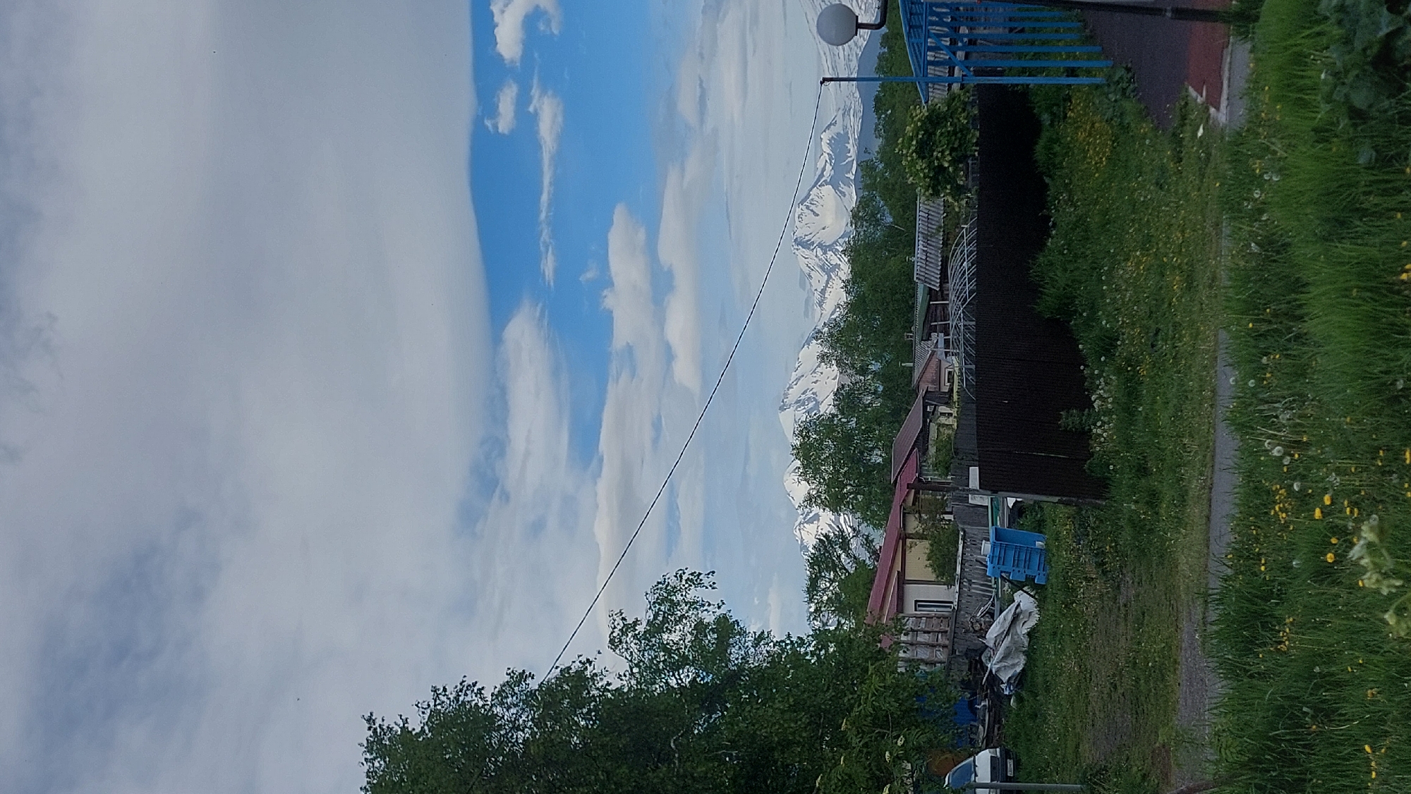 The image depicts a rural or semi-rural landscape in Зелёный, Russia, with a focus on a residential area juxtaposed against a backdrop of majestic, snow-capped mountains. The foreground is dominated by a lush, green meadow dotted with yellow wildflowers and dandelions. A gravel path or road runs through the center of the frame, leading towards the residential area.
To the left, a large tree with dense green foliage partially obscures the view. A white vehicle is parked on the left side of the image. Several structures, likely houses or sheds, are visible in the middle ground. These buildings have variously colored roofs, including red and yellow. A dark-colored fence runs along the mid-ground, separating the residential area from the meadow. A blue structure, possibly a storage bin or a small building, is also present.
In the distance, a chain of prominent mountains rises, their peaks covered in snow, indicating a high altitude or a cold climate. The sky above is a mix of blue and white clouds, suggesting fair weather. A power line stretches diagonally across the upper portion of the image. The overall scene conveys a sense of natural beauty and a simple, perhaps somewhat rustic, way of life. There are no people visible in the image.