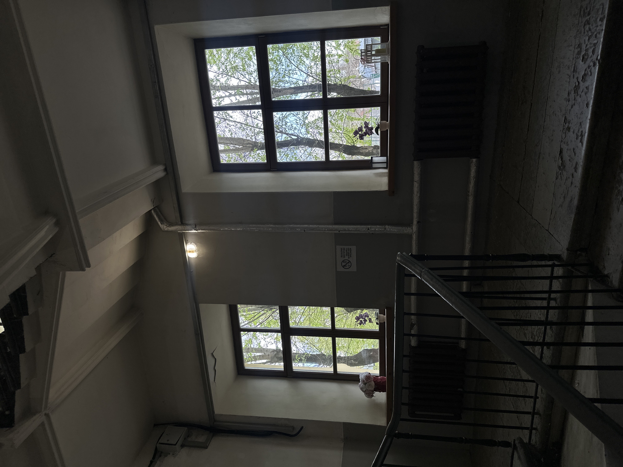 A low-angle shot depicts an interior space, likely a stairwell, with two windows visible on different levels. Both windows are divided into a grid pattern by their frames, and they both display trees with green foliage outside. The upper window has a radiator to its right. A 'No Smoking' sign is situated above the lower window. A stair railing ascends to the right of the lower window, with dark steps leading upwards. The walls are painted in neutral tones. The city and country are unknown.