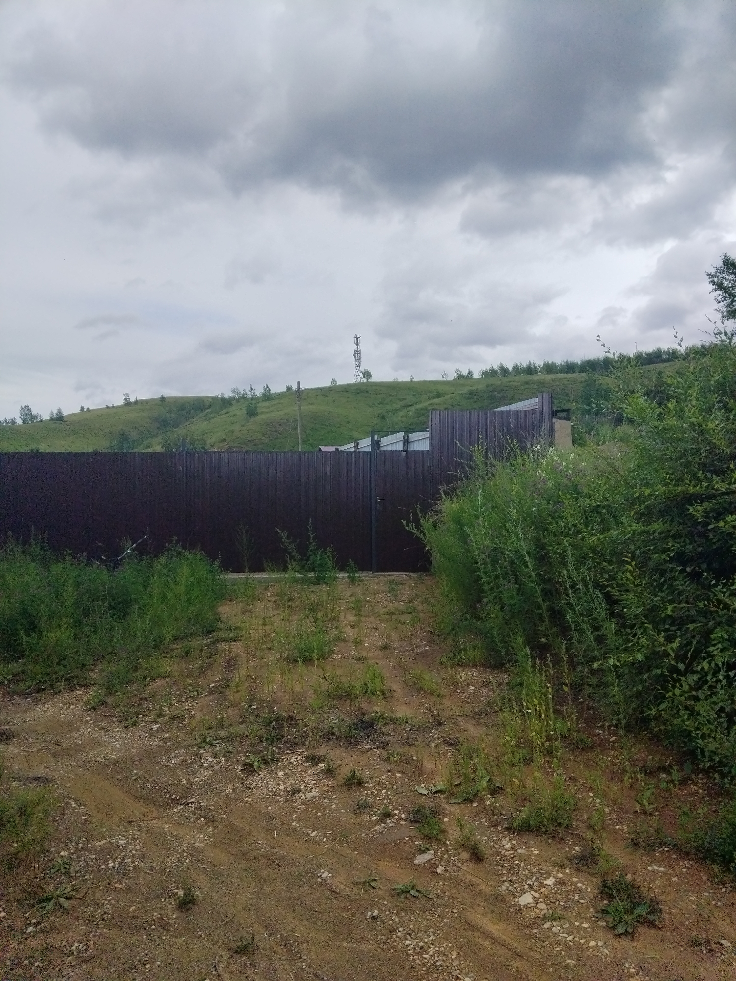 The image shows a rural landscape with a dark brown corrugated metal fence running horizontally across the middle ground. The fence has a gate in its center. To the right of the fence, there is dense green vegetation. The ground in the foreground is a mixture of dirt and gravel, with some sparse green plants. Behind the fence, a grassy hill rises, dotted with scattered trees. The sky is overcast with heavy, gray clouds. A cell tower can be seen on the top of the hill in the distance, to the right of center. The scene appears to be located in the outskirts of Chita, Russia, likely in an undeveloped or semi-developed area.