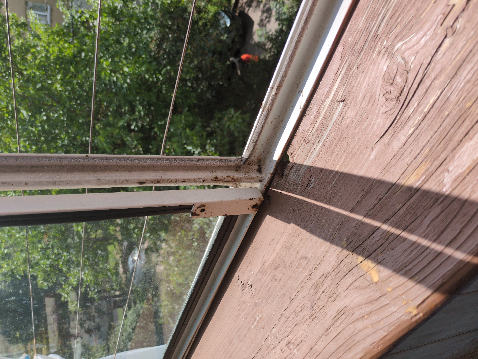 The image shows a close-up view of a wooden windowsill with a window frame and a view of trees and a street outside. The windowsill is made of dark brown painted wood, with visible wood grain and some signs of wear and tear, including peeling paint and cracks. The window frame is white metal and appears to be old and possibly rusted in some areas. There are horizontal metal bars visible outside the window, which are likely part of a security grate or a balcony railing. Through the window, lush green trees are visible, along with a building in the background. A car is parked on the street below, and a person in an orange shirt is standing near it. The lighting suggests it is a sunny day, with shadows cast by the window frame onto the windowsill.