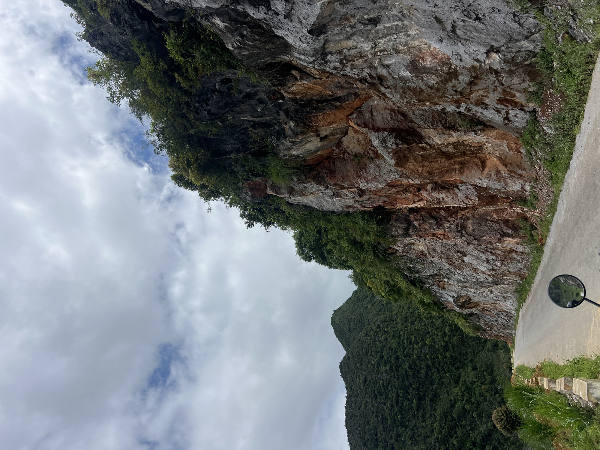 The image shows a winding road cutting through a mountainous, verdant landscape in Đồng Văn Commune, Vietnam. On the right side of the road, a sheer rock face dominates the scene, displaying a rugged texture with layers of grey and reddish-brown rock interspersed with patches of dark green foliage. The rock face is quite steep, with trees and smaller vegetation clinging to its upper edges.
To the left of the road, a steep, densely forested mountain slopes downwards. The vegetation is lush and predominantly green, with the distinct shapes of rounded peaks visible in the distance under a cloudy sky. The road itself is paved and appears to be a single lane, with a low concrete barrier and some grass and reeds lining its edge. In the foreground, a motorcycle's rearview mirror is visible, reflecting the road and the surrounding scenery. The overall impression is one of a remote, natural environment, likely a scenic route through the Vietnamese highlands.