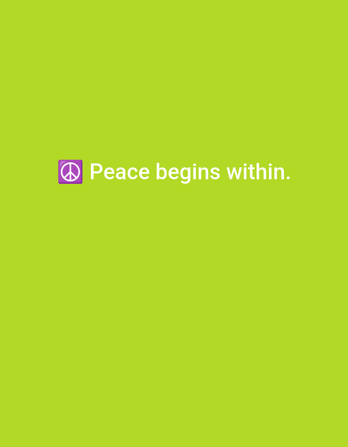 This digital graphic image, originating from the city of Casablanca, Morocco, features a vibrant lime green background. Centrally positioned, slightly above the vertical midpoint, is a purple square emoji containing a white peace symbol. To the right of the emoji, the text "Peace begins within." is displayed in a light grey, sans-serif font. No other objects, subjects, or environmental details are present in the minimalist composition.