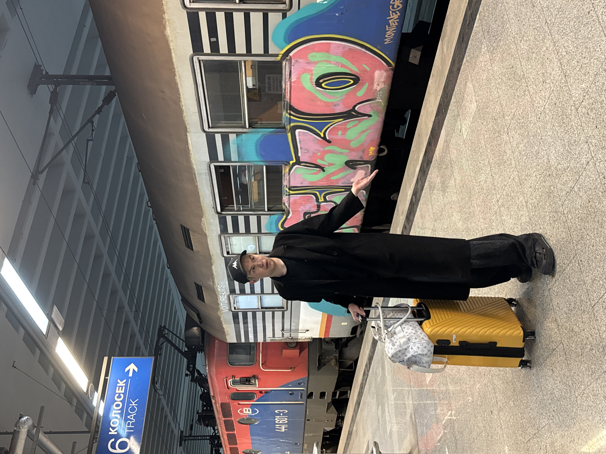 The image shows a man with a suitcase standing next to a train at Belgrade railway station in Serbia. The man is wearing a black coat and a cap. He has one hand raised towards the train. The train has graffiti on it, and there is a sign for Track 6 in the background.