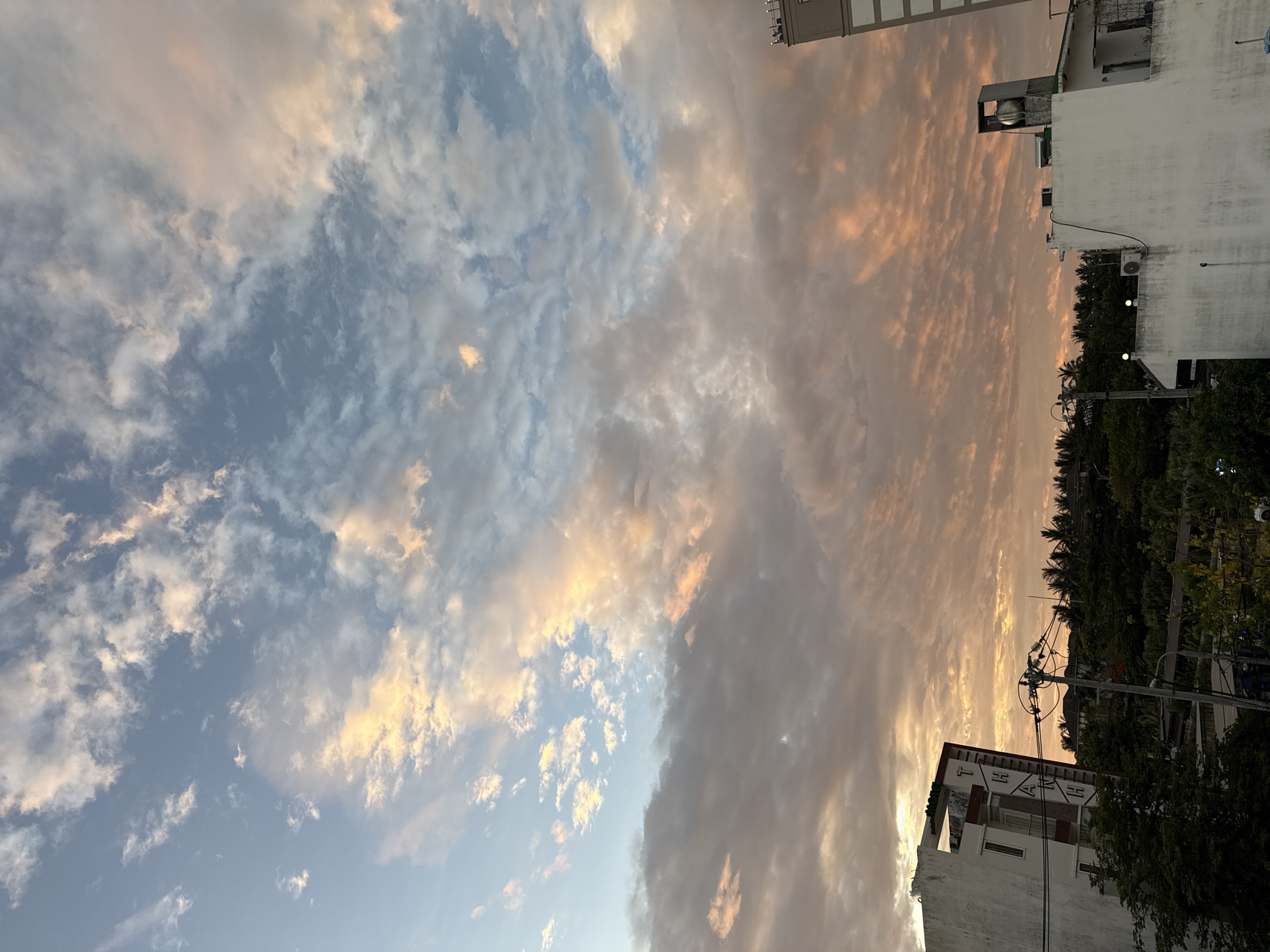 The image captures a vibrant sky at either sunrise or sunset over an urban or suburban landscape in Đà Nẵng, Vietnam. The sky dominates the upper portion of the frame, displaying a dramatic interplay of cloud formations. On the left, pockets of clear blue sky are visible, interspersed with scattered white and light grey clouds. Towards the right, the clouds become denser and are bathed in warm, golden, and orange hues, indicative of a low sun angle and twilight. This creates a striking contrast between the cooler blue and grey tones and the warm, illuminated sections of the sky.
Below the horizon, several light-colored buildings with distinct architectural features are visible. A prominent white building on the lower right features the stylized text "THANH" on its facade. Another building in the mid-right shows a visible air conditioning unit on its wall and a water tank on its roof. Dense green foliage, including tall trees and palm trees, is abundant throughout the lower and mid-sections, some silhouetted against the bright sky. Utility poles and a network of overhead wires crisscross parts of the scene, particularly in the lower right, adding an element of urban infrastructure. There are no people visible, and no specific activity is taking place; the scene captures a serene moment of natural beauty within an urban setting.