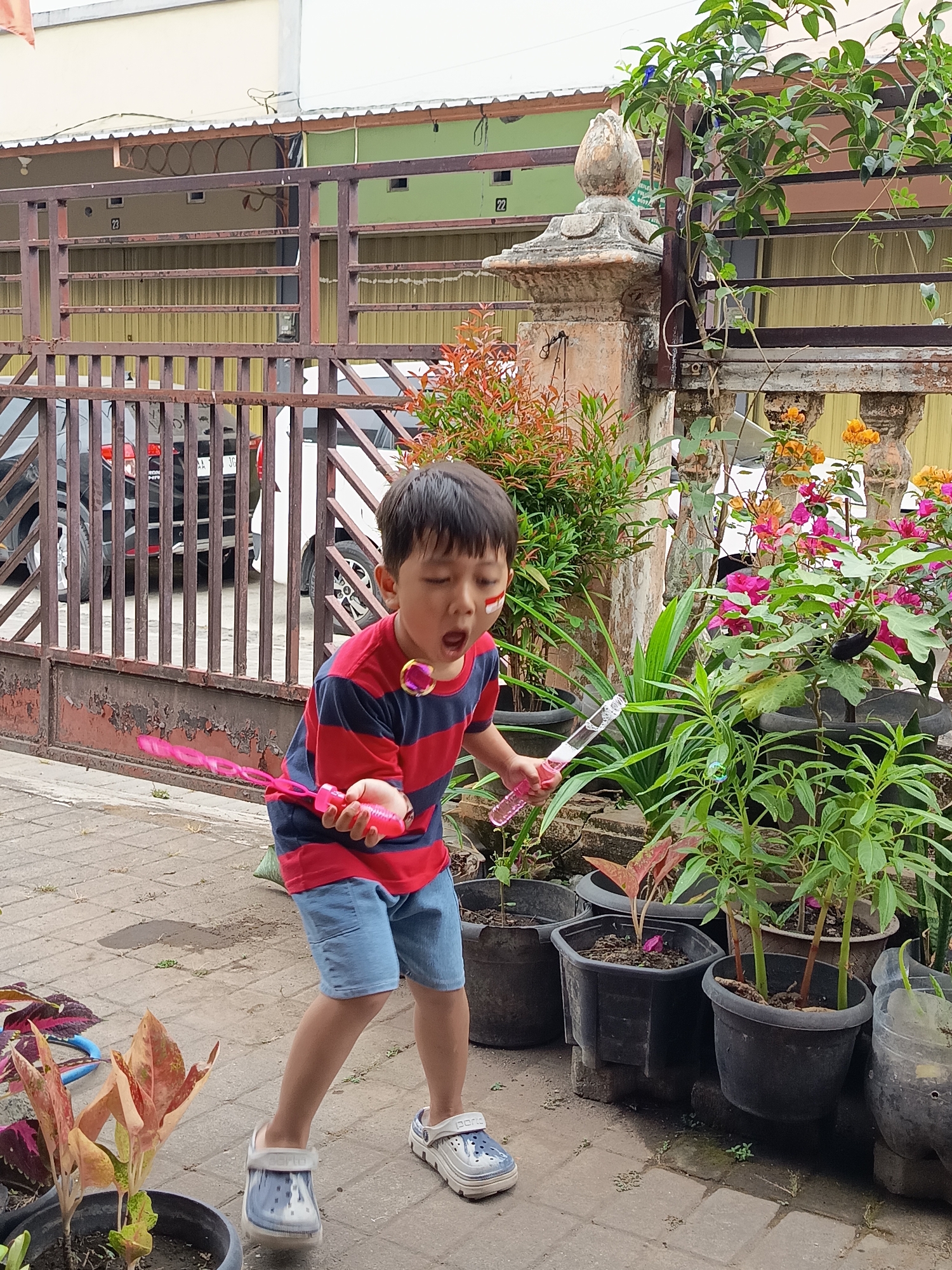 A young boy is playing with a bubble wand in front of a gate in what appears to be a residential area. The boy is wearing a red and blue striped t-shirt, denim shorts, and white sandals. There is a stripe of red and white face paint on his right cheek, resembling a flag. He is holding a pink bubble wand and blowing bubbles. The gate behind him is made of rusted metal bars and has a weathered appearance. Beyond the gate, there are cars parked. The foreground of the image features several potted plants with green and reddish leaves, as well as a paved walkway. In the background, there are buildings with light-colored walls and green accents. The overall environment suggests an outdoor setting in a neighborhood, likely in a tropical climate given the lush greenery. The presence of Indonesian flags colors on the boy's face might suggest a national holiday celebration.