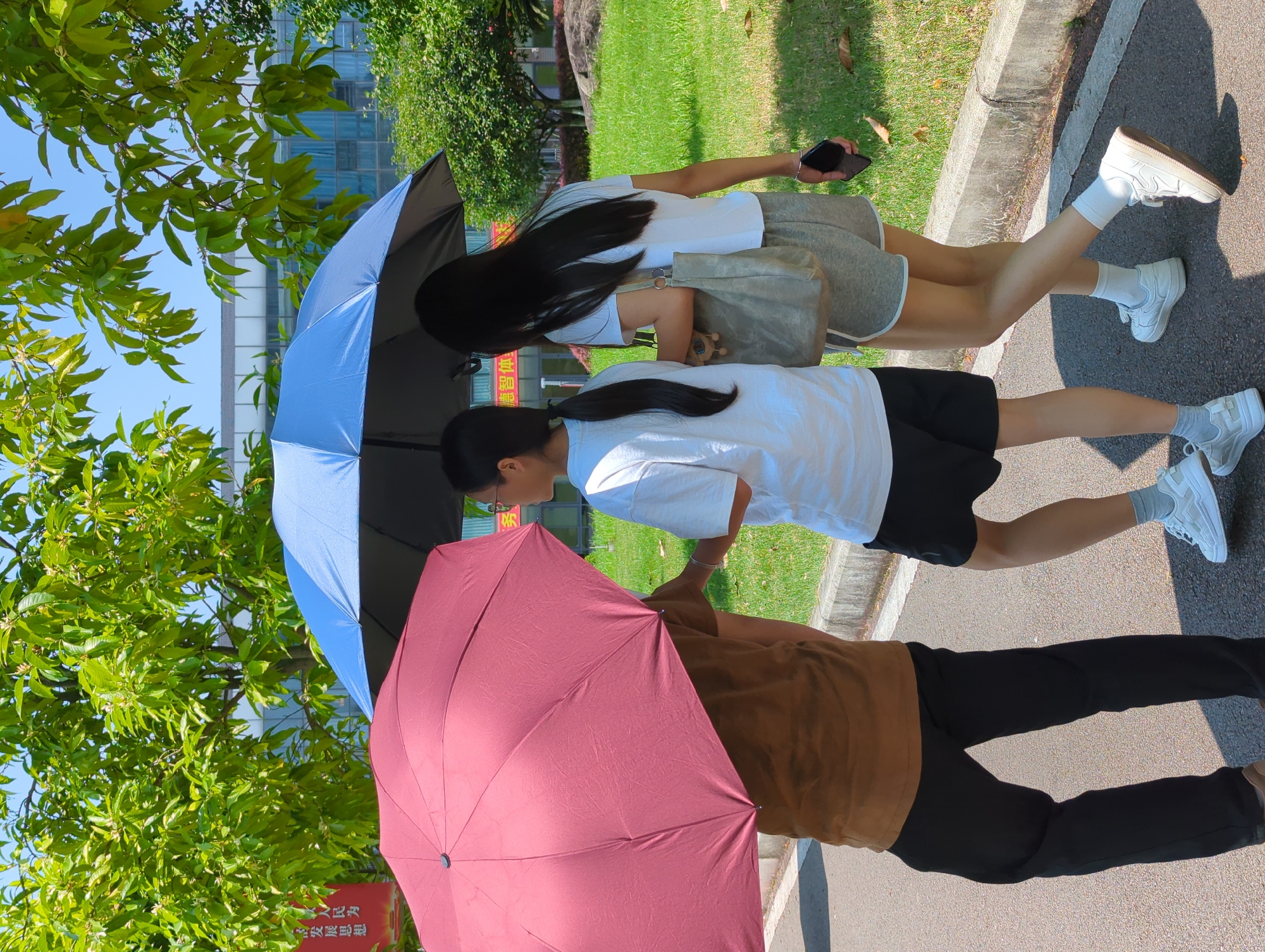 Three people are walking on a paved path bordered by grass and trees, with a building in the background. The person on the left is holding a red umbrella and wearing a brown t-shirt and black pants. In the middle, a person in a white t-shirt and black shorts is walking under a blue umbrella, holding the umbrella with their left hand. The person on the right is also under the blue umbrella, wearing a white t-shirt and grey shorts, carrying a grey bag and holding a black phone in their right hand. The scene appears to be in a park or campus setting on a sunny day, possibly in Jiangjin, China, given the building's architecture and surrounding vegetation.