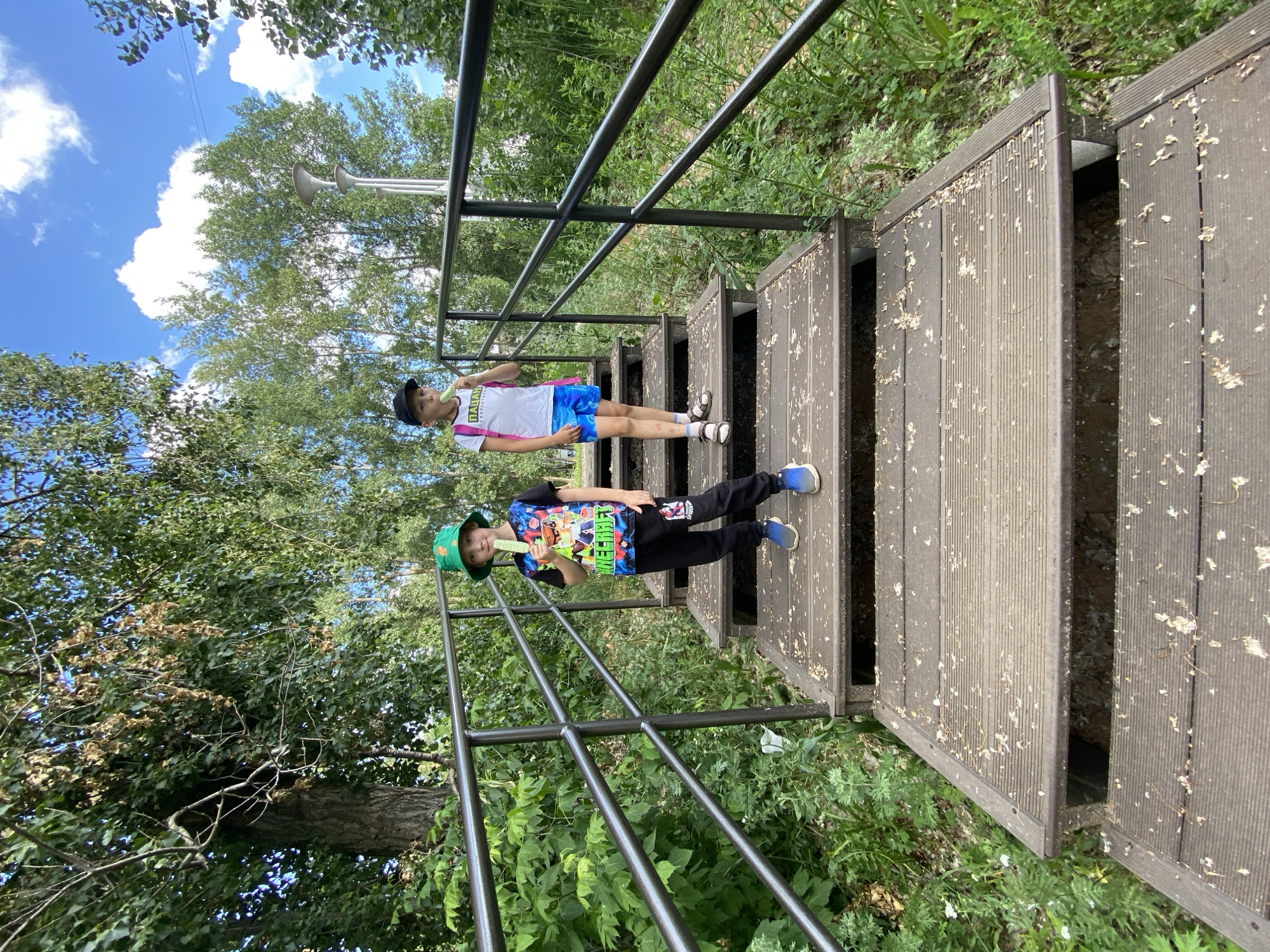 Two children are standing on a wooden staircase with metal railings. The child on the left, wearing a green bucket hat and a Minecraft t-shirt, holds a light green popsicle. The child on the right, wearing a black baseball cap and a white t-shirt with blue shorts, also holds a popsicle. The staircase is surrounded by lush green foliage and trees, with a cloudy blue sky visible above. The scene appears to be outdoors, possibly in a park or recreational area. The location is in the city of Chaikovsky, Russia.
