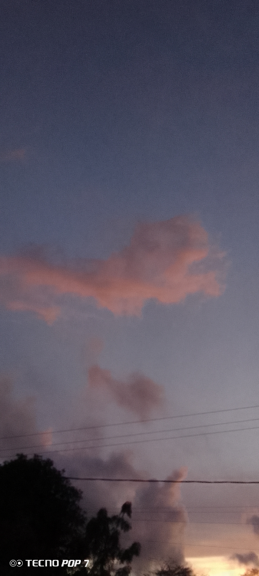 The image shows a dusk sky in Altagracia, Venezuela. The sky is a mix of blue and gray with pink-tinged clouds. There are power lines visible in the lower part of the frame. A dark silhouette of trees is present at the bottom of the image. The text "TECN POP 7" is visible in the lower left corner.
