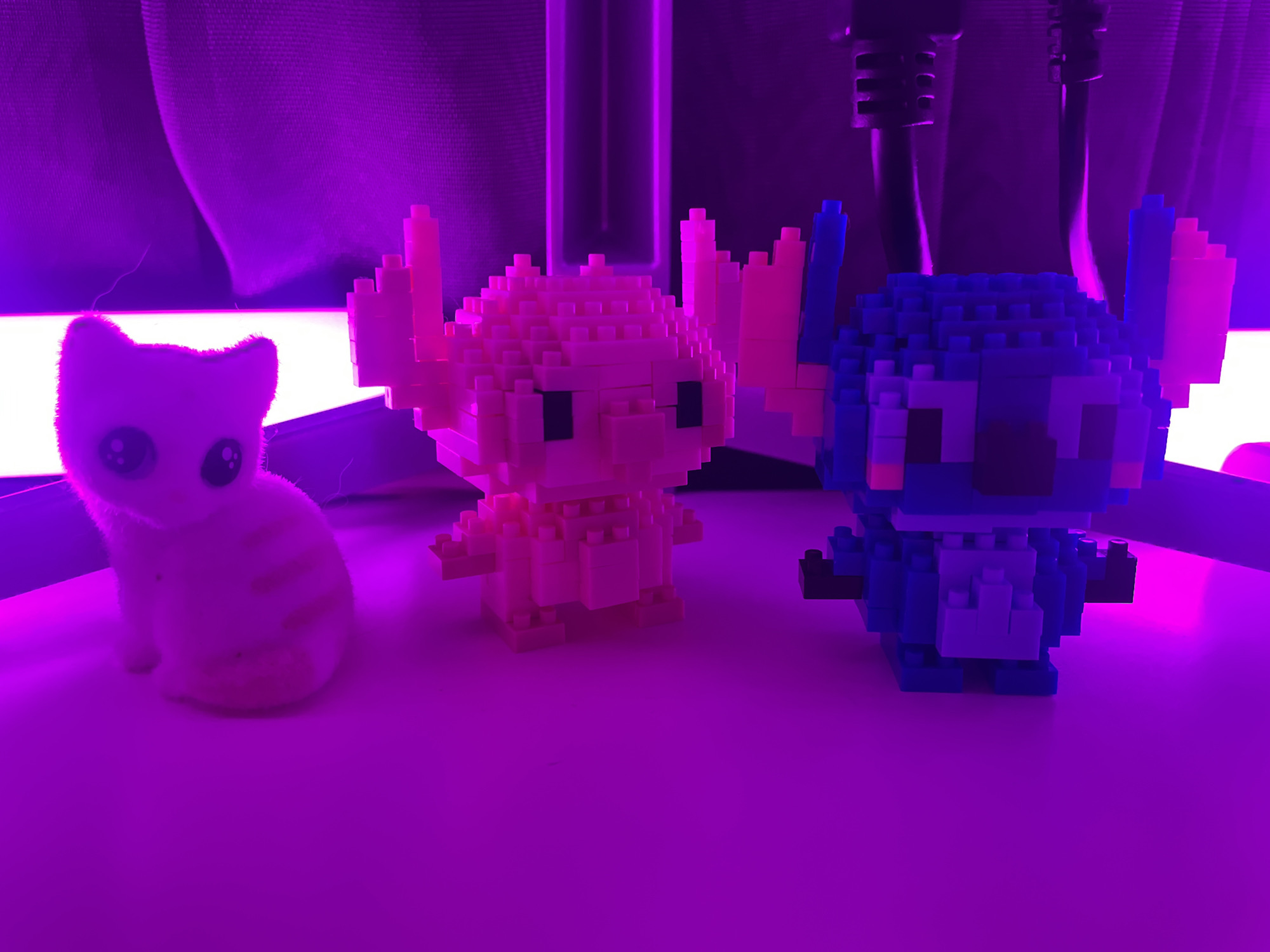 The image displays three small figures arranged on a surface, bathed in strong purple and magenta lighting. On the left is a plush toy resembling a kitten, white or off-white with subtle stripes, featuring large dark eyes. Its furry texture is visible despite the dominant purple hue.
In the center and on the right are two pixel-style figures constructed from small building blocks, both resembling the character Stitch from Disney's Lilo & Stitch. The central figure is pink, while the figure on the right is blue. Both block figures exhibit the characteristic large ears and small dark eyes of Stitch. Their bodies show the distinct blocky construction.
The background is uniformly illuminated by the purple light, creating a deep magenta ambiance. Behind the plush kitten, a bright white light strip is visible, contrasting with the purple. In the upper background, dark, indistinct shapes, possibly cables or parts of a desk setup, are discernible above the block figures. The entire scene suggests an indoor setting, likely a desk or shelf, with artificial lighting. There is no discernible activity taking place, as the figures are static display items. No text is visible in the image. The time of day and weather are not evident, given the artificial indoor lighting. The location context is Votkinsk, Russia.