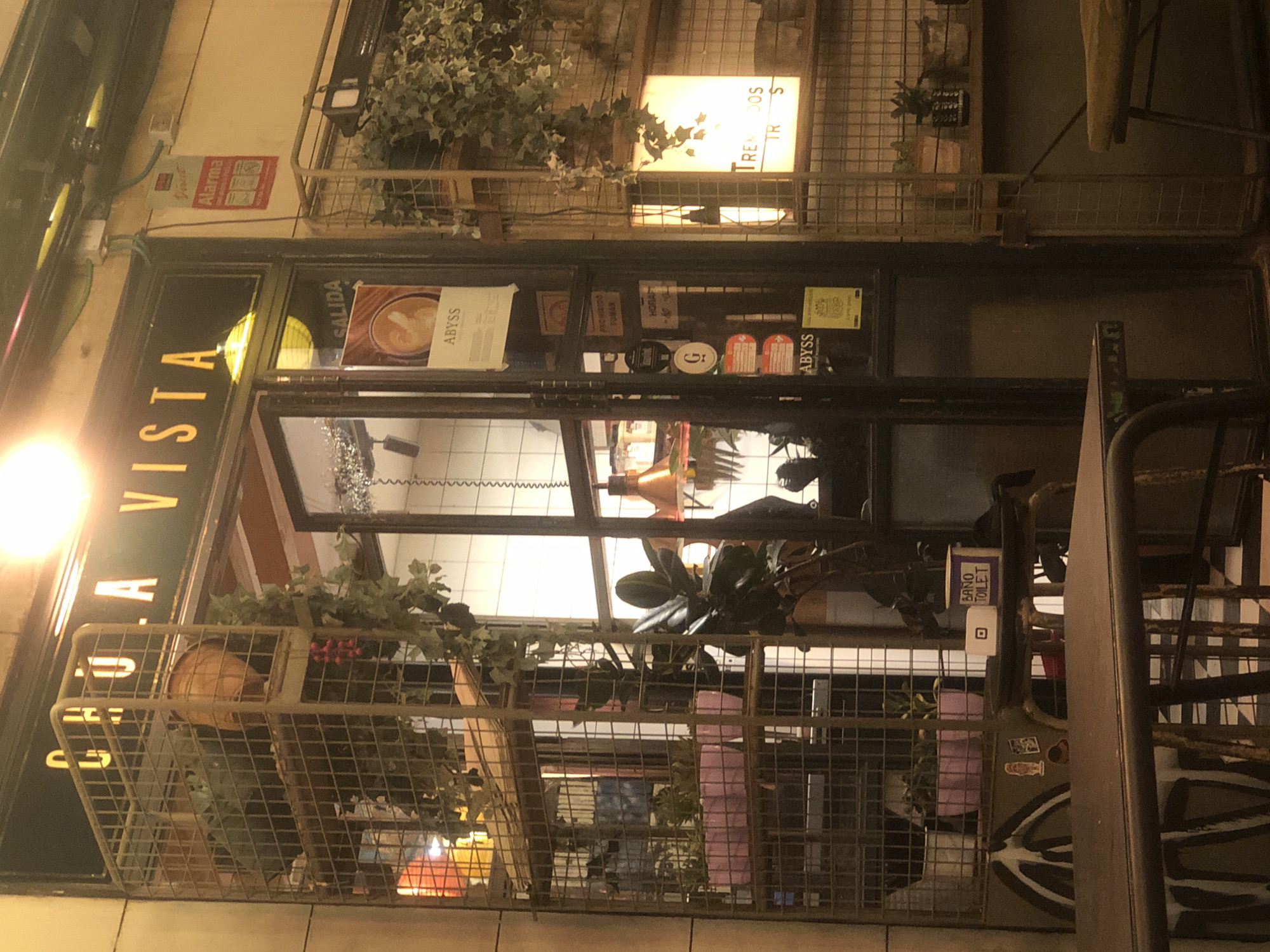 A dimly lit nighttime exterior view of a storefront displays the name "CHULA VISTA" in large yellow letters above an open doorway. The doorway is framed by a metal grate structure filled with plants and decorative items. Inside the establishment, lights illuminate the space, revealing more plants and hanging light fixtures. To the right of the entrance, a poster with the word "ABYSS" is visible, along with a red alarm sign. Further to the right, a glowing sign reads "TRE DOS TR S" in yellow letters, also set against a metal grate structure with plants. In the foreground, a dark table and chairs are positioned outside the storefront, suggesting an outdoor seating area. The overall atmosphere is dimly lit and slightly cluttered, with a focus on natural elements like plants.