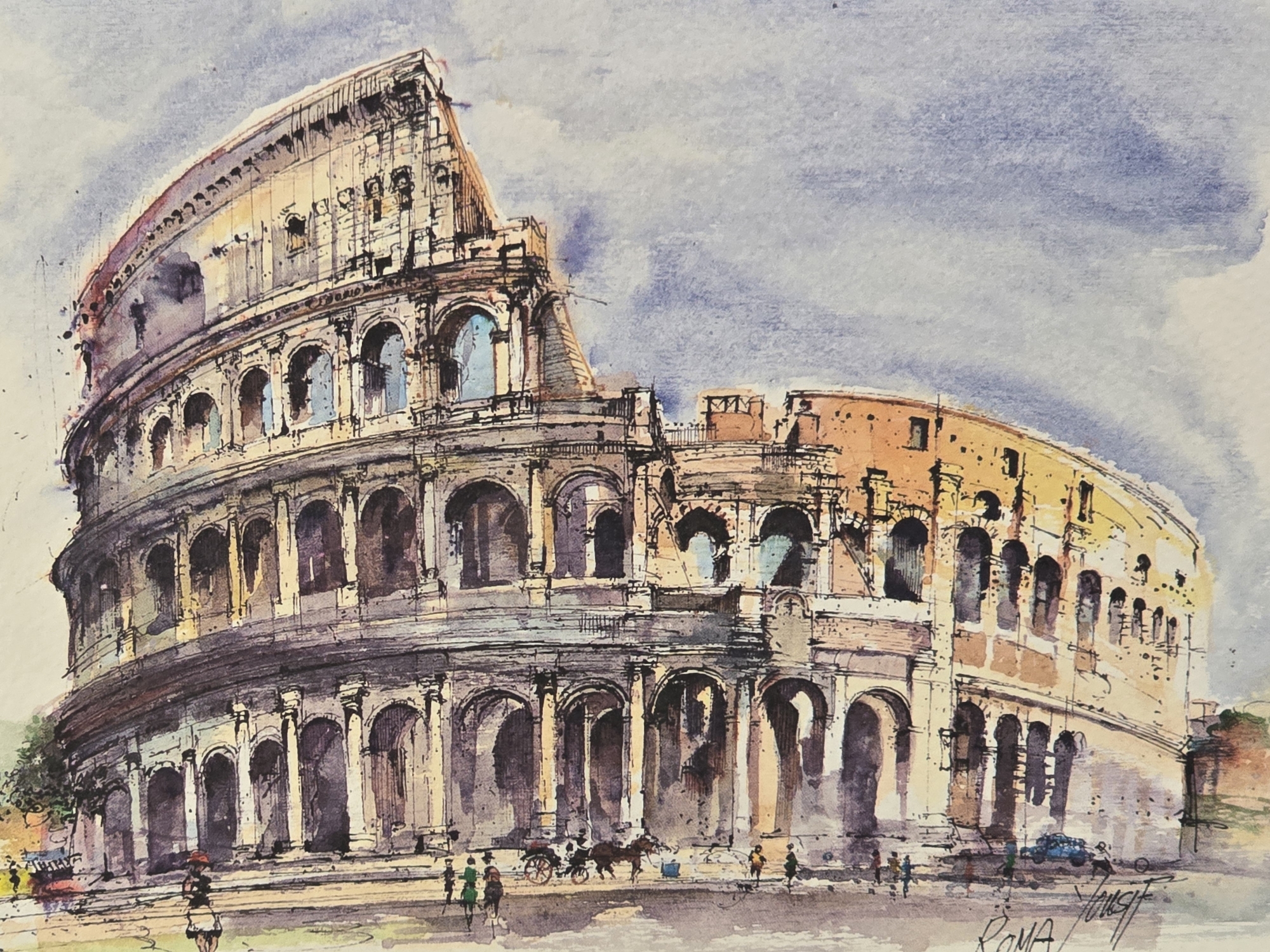 This media file is a watercolor painting, enhanced with pen or ink outlines, depicting the iconic Roman Colosseum.
**Subjects:** The primary subject is the massive, partially ruined structure of the Colosseum, filling most of the frame. Below and around its base, numerous small, stylized figures of people are seen walking. On the left side, a horse-drawn carriage, complete with a horse, driver, and passengers, is present. A small, dark blue car is visible further to the right. Some minimal green foliage or bushes can be discerned near the base of the structure on the far left and right.
**Activity or event taking place:** The scene captures the everyday life around the ancient monument. People are strolling, suggesting tourist activity or local pedestrian traffic. The horse-drawn carriage implies a leisurely tour or a traditional mode of transport.
**Notable details:** The painting features loose, impressionistic watercolor washes for the sky and the Colosseum's stone, with sharper ink lines defining architectural features, arches, and the outlines of figures. The sky is a pale blue with some darker, cloud-like grey-blue patches. The Colosseum is depicted in warm, earthy tones of ochre, orange, and brown where it's illuminated, transitioning to cooler purples, blues, and deep browns in shadowed areas and the interiors of arches. The light and shadow patterns, particularly the deep shadows cast within the arches and on the ground, suggest bright daylight, possibly late afternoon. The overall aesthetic is one of historical grandeur blended with a sense of vibrant, though subtly rendered, contemporary life.
**Visible text:** In the bottom right corner, the word "ROMA" is clearly written in a stylized, decorative script. Below and slightly to the right of "ROMA," there is an artist's signature that appears to read "YOUSF".