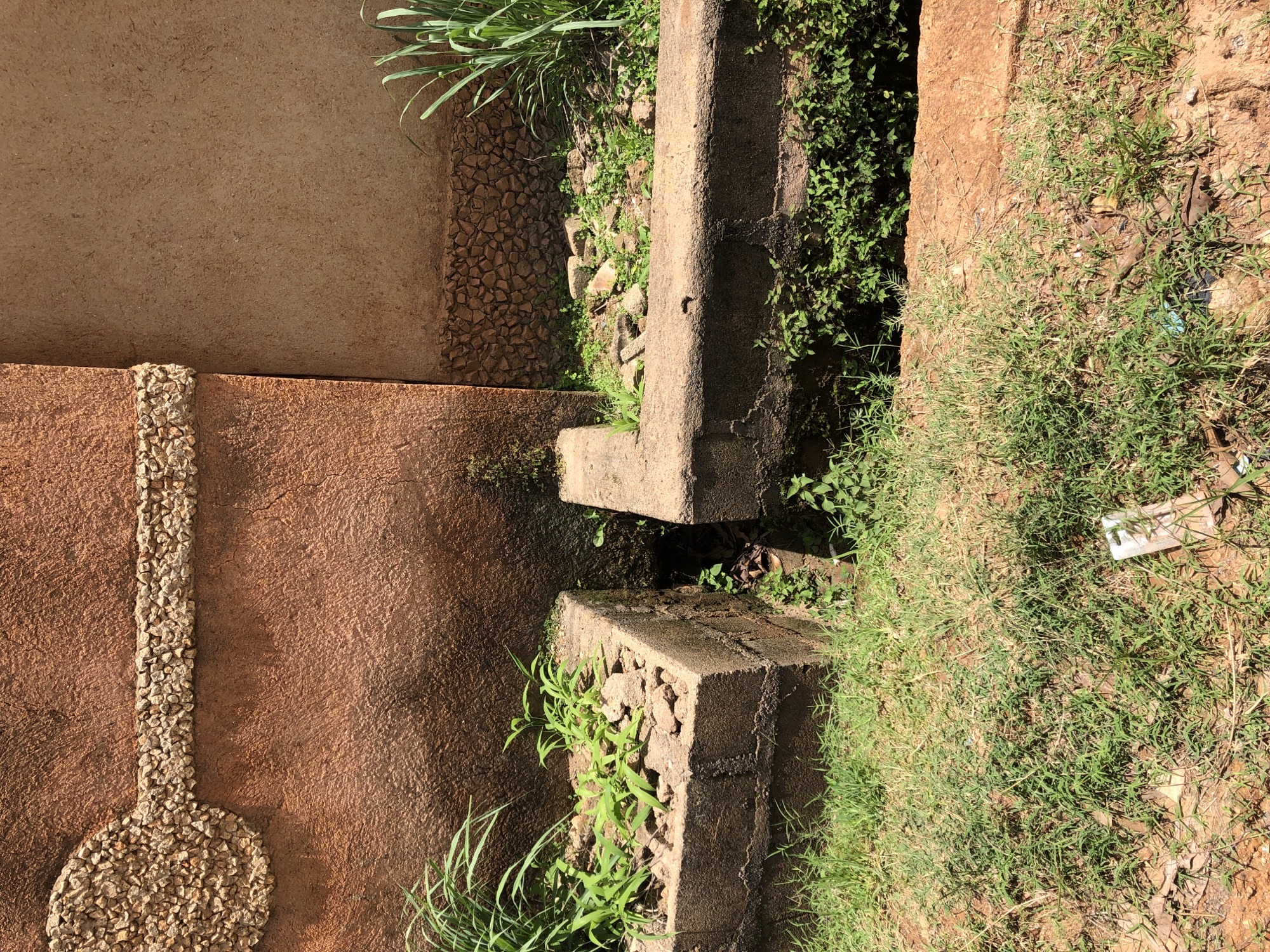The image depicts an outdoor scene in Bar Jirgi Summa, Nigeria, focusing on a textured, reddish-brown wall with a decorative band of small stones forming a circular shape and a horizontal line. In the foreground, a narrow concrete channel runs between two raised concrete structures. Green grass and various plants are growing in and around the channel and along the ground. The overall environment appears to be somewhat overgrown and utilitarian, possibly a drainage area or part of a construction site. There are no people visible in the image.