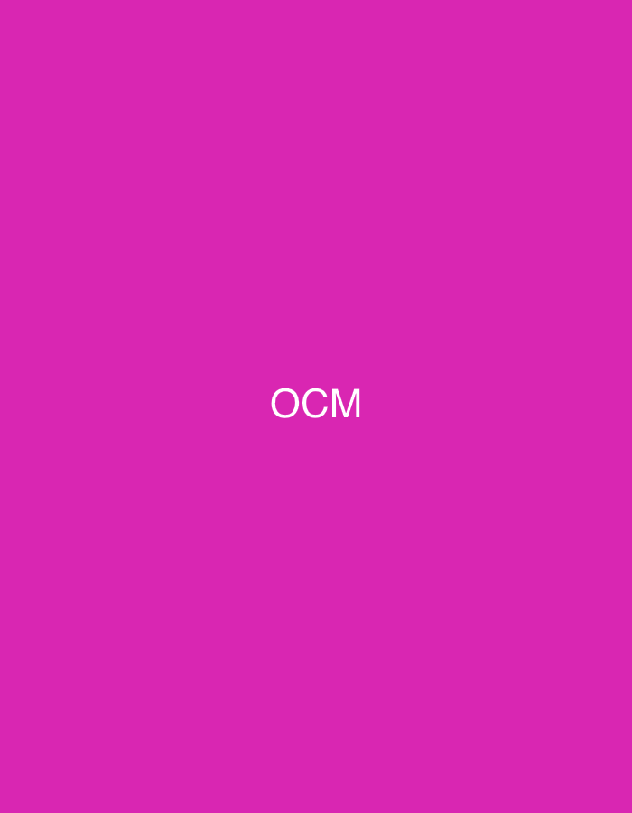 The image displays a solid magenta background. Centrally positioned, slightly below the vertical midpoint of the frame, are the white sans-serif capital letters "OCM". There are no discernible people, specific objects, or environmental details depicted within the visual frame. While the image itself contains no direct visual markers of location, the acronym "OCM" is associated with historical or current Moroccan entities, such as the former Office de Commercialisation et d'Exportation or the Office Chérifien des Phosphates et des Mines (a precursor to OCP Group). These organizations typically maintain significant operations or headquarters in major Moroccan cities, including Casablanca. Therefore, the image could potentially serve as a digital graphic, logo, or placeholder associated with a Moroccan entity having a presence in Casablanca, Morocco.
