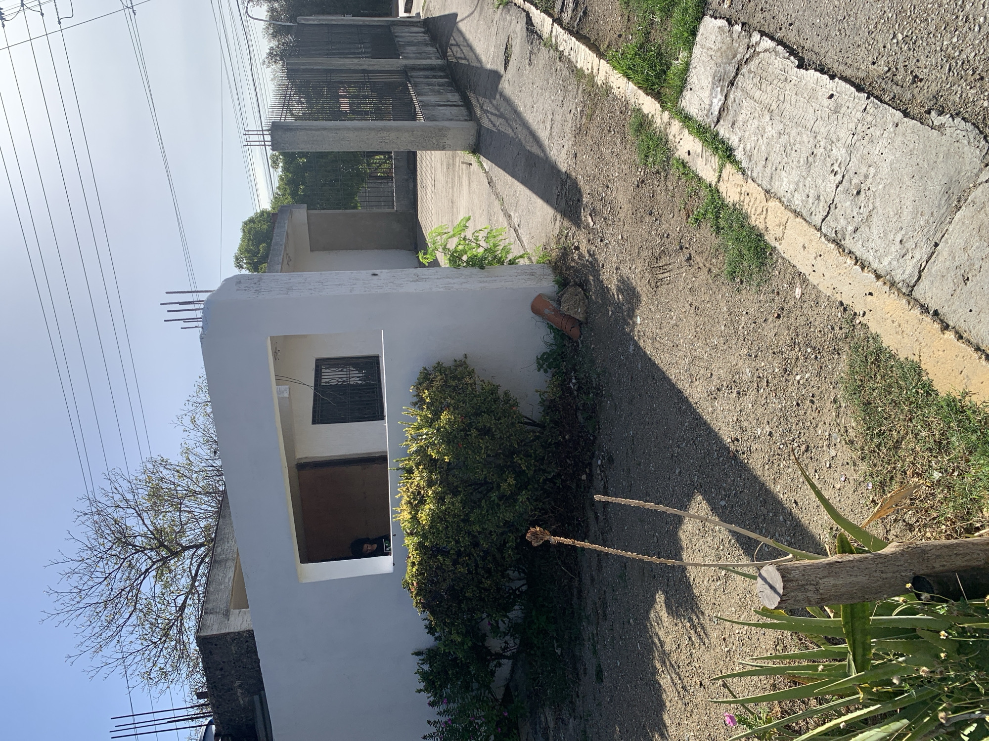 The image depicts a street scene in Santa Ana, Venezuela, under a clear blue sky. The foreground is dominated by a dirt and gravel area with sparse vegetation, including an aloe vera plant and dry stalks of a plant. A wooden post, partially broken, stands in the center of the foreground. A concrete sidewalk runs along the right side of the frame, showing signs of wear and tear, with grass growing along its edges.
The midground features a low, white-painted building with a prominent opening that reveals a dark interior. A person with dark hair and wearing a dark t-shirt is visible inside this opening. In front of the building is a dense green bush. To the right of the building, a concrete fence with metal bars encloses an area that appears to be a driveway or courtyard. Power lines are visible crisscrossing the upper portion of the image against the sky. The overall impression is one of a residential area on a sunny day.