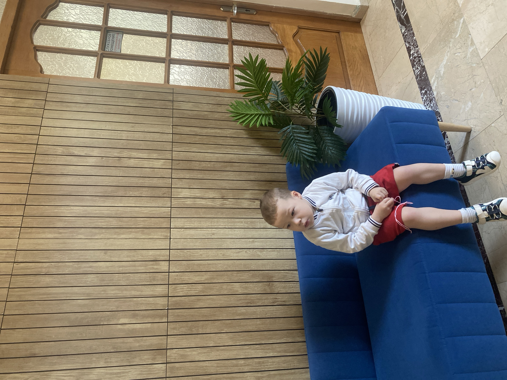 A young child sits on a blue couch in what appears to be an indoor space. The child, wearing a white jacket, red shorts, and sneakers with white socks, is positioned at an angle on the couch, facing towards the left side of the frame. The couch is placed against a wall with horizontal wooden panels.
A potted plant with green foliage sits behind the couch. Above the wall paneling, there is a wooden door with frosted glass panels.
To the right of the couch, the floor is tiled with marble, and a strip of decorative marble is visible along the edge. The environment suggests an interior setting, possibly in a building in Sochi, Russia.