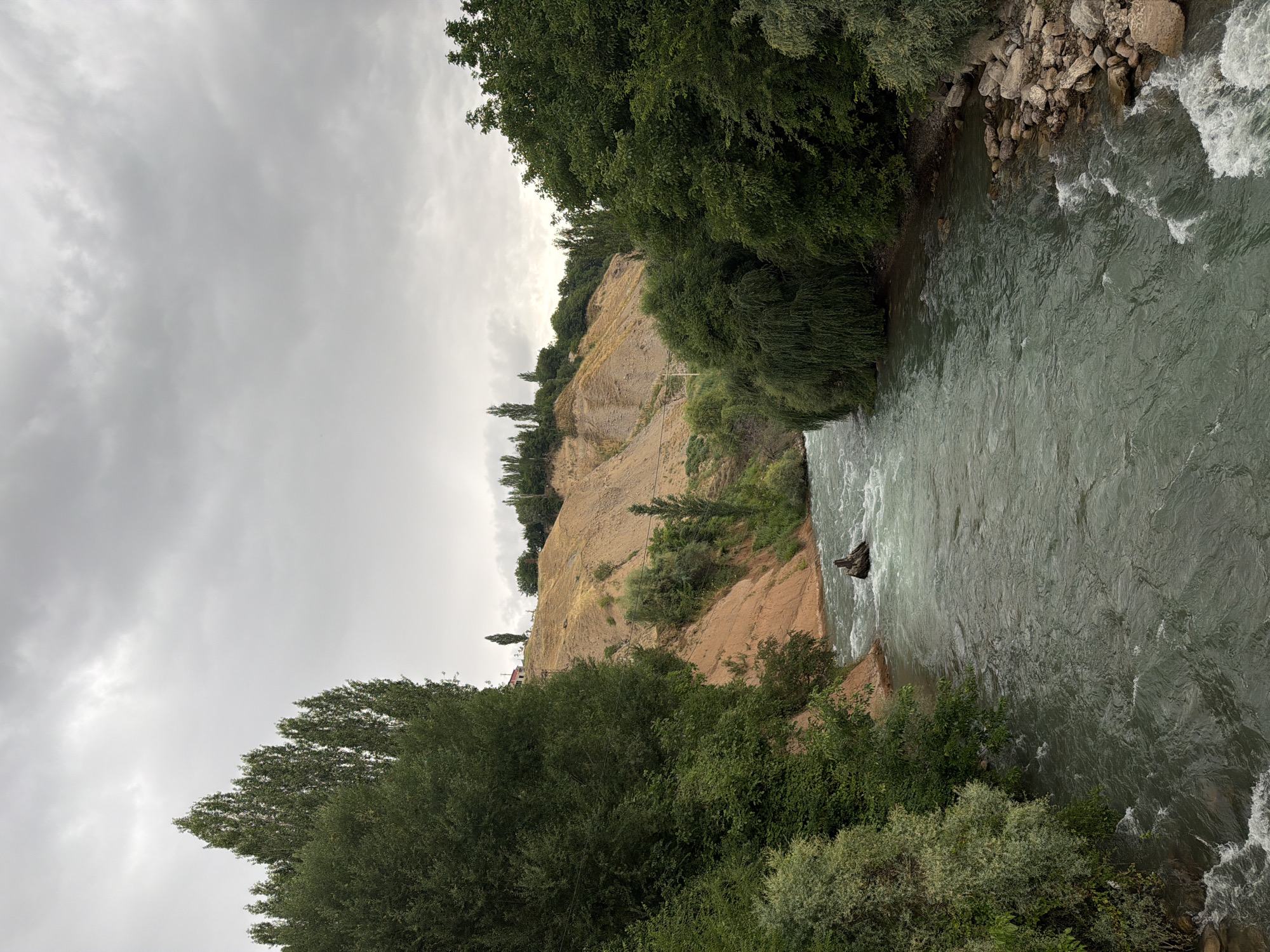 The image captures a view of a fast-flowing river, likely the Chatkal River, in Khumsan, Uzbekistan. The river's water is a murky green with white rapids indicating its speed. On the left bank, dense green foliage lines the water, while the right bank features a rocky shore and more lush vegetation. Behind the river, a steep, arid hillside dominates the background, characterized by eroded soil in shades of brown and ochre. Scattered trees and some sparse vegetation grow on the hillside. The sky is overcast with heavy, gray clouds. In the middle of the river, a dark, waterlogged piece of wood or debris is visible. A few small structures, possibly houses, are perched on the upper part of the hillside. The overall impression is a natural landscape under a cloudy sky.