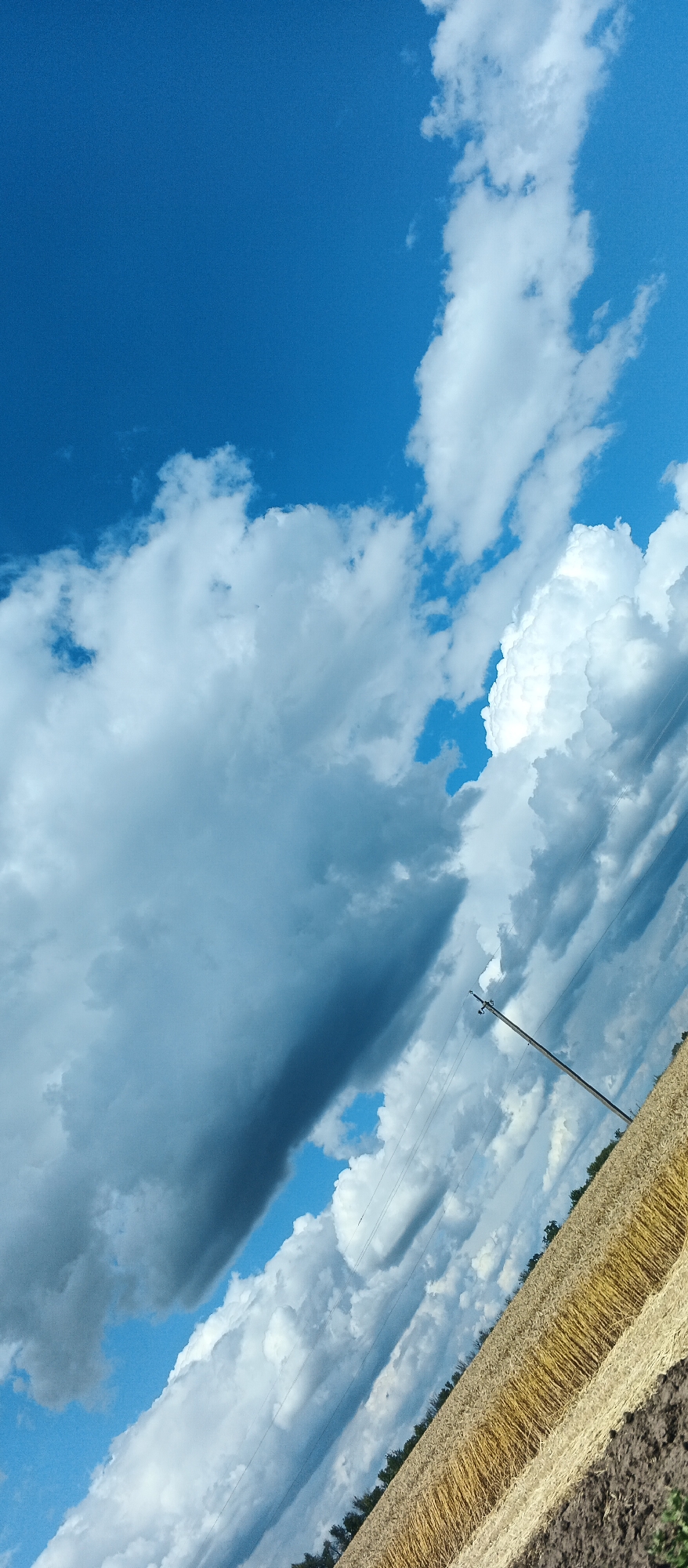 In Mala Smilianka, Ukraine, a tilted, wide-angle photograph captures a dramatic sky filled with a mix of dark, heavy storm clouds and bright, fluffy white cumulus clouds against a vibrant blue sky. A solitary utility pole with wires stretches diagonally across the frame, from the upper right towards the center. Below the sky, a field of harvested golden wheat stalks runs diagonally from the bottom right corner upwards. The ground in the foreground is dark soil. A line of dark green trees borders the far edge of the wheat field. The orientation of the image is skewed, with the horizon line appearing to ascend from right to left.