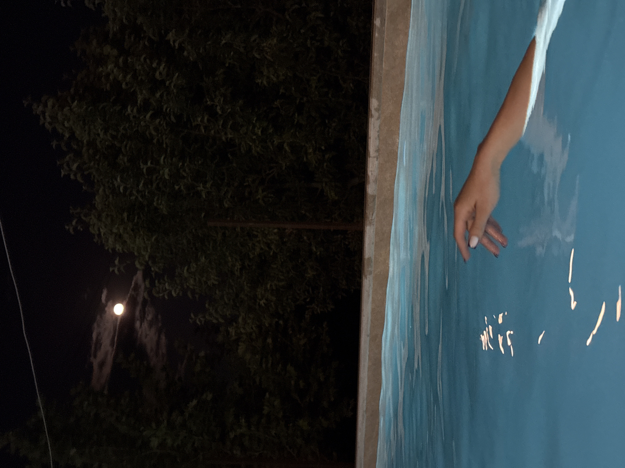 The image is presented on its side, depicting a tranquil night scene from a poolside in Yerevan, Armenia. On the right, a clear blue body of water, likely a swimming pool, extends from the bottom to the top. A fair-skinned arm, with light-colored nail polish on the fingertips, reaches gently into the water from the upper right quadrant of the frame. The surface of the water reflects several bright, elongated streaks of light, suggesting artificial illumination or the reflection of the moon.
The left side of the image reveals the dark, dense foliage of trees silhouetted against a deep black night sky. A prominent, bright circular light source, resembling a full moon, is visible in the upper portion of the tree line, casting a soft glow. A thin, dark line, possibly a wire or string, cuts diagonally across the upper left area. The scene captures an individual enjoying a moment of relaxation by or in a pool at night, under the open sky. No visible text is present.