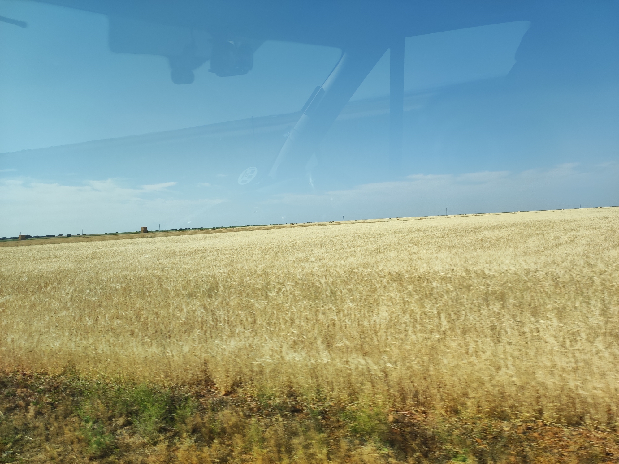 The image captures a broad view of a golden wheat field under a clear blue sky, seen through the reflection of a vehicle's windshield. The foreground of the image is dominated by the textured surface of the wheat field, which appears slightly blurred, suggesting movement. Greenery and brown soil are visible at the very bottom edge of the frame. In the distance, the field stretches towards a horizon marked by a line of trees and a few scattered hay bales, some of which are rectangular and brown, while others are round and darker. The upper portion of the image is a reflection on the glass, showing parts of the vehicle's interior, including what appears to be a dashboard, a rear-view mirror, and a device mounted on the windshield. The sky itself is a vibrant blue, with faint, wispy clouds. The scene is indicative of an agricultural landscape, likely in the region of Parada de Arriba, Spain, given the presence of extensive wheat fields common in the Castilian landscape during harvest season.