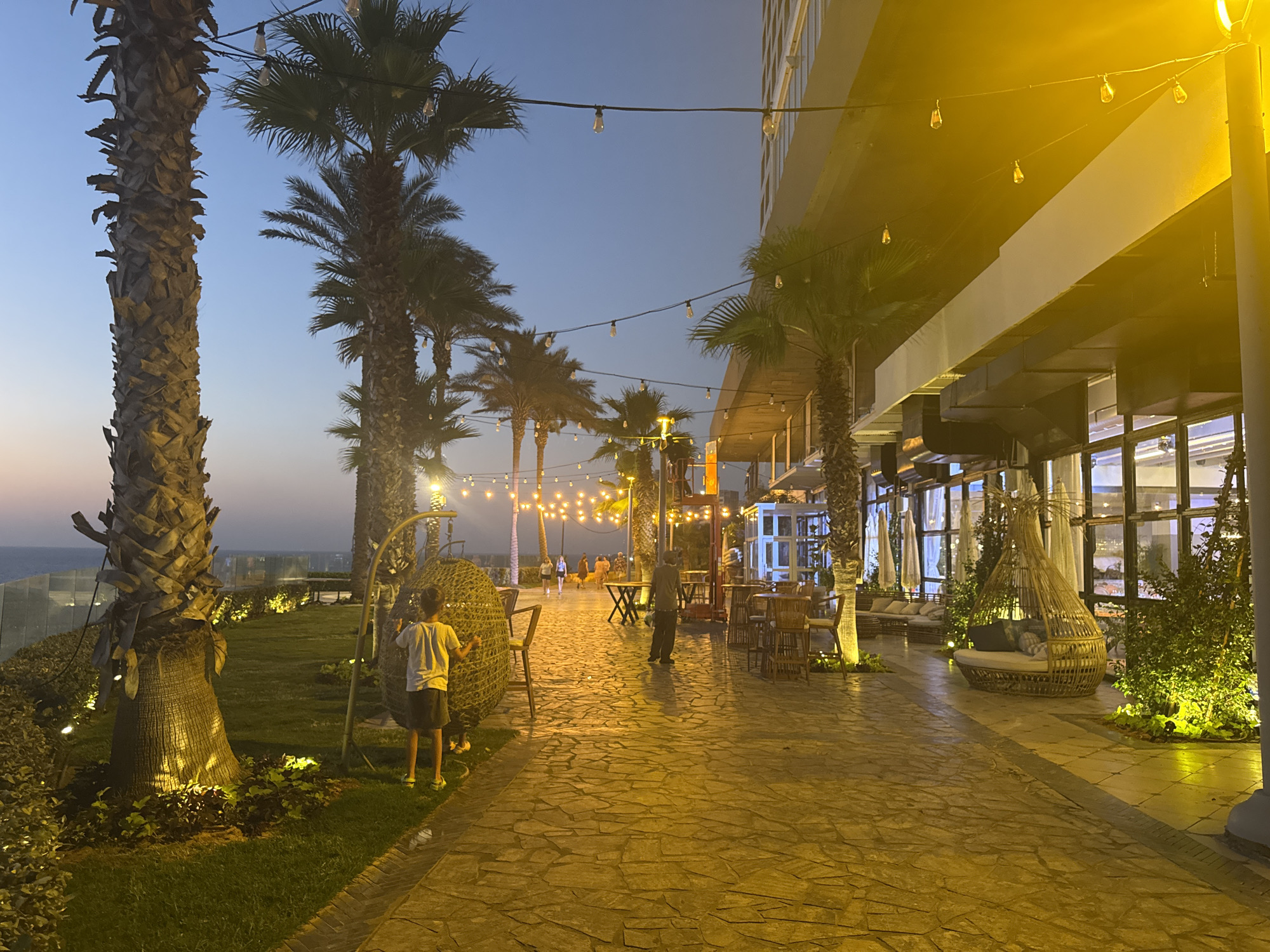This image depicts a nighttime scene at a coastal establishment in Netanya, Israel. The foreground features a paved walkway made of irregular flagstones, illuminated by warm, yellow string lights overhead and accent lighting on the surrounding vegetation. To the left, a young boy in a light-colored t-shirt and dark shorts stands facing away from the camera, near a large, woven hanging chair and a thick palm tree. The palm tree is lit from below, highlighting its textured bark.
The middle ground reveals a grassy area with more palm trees and outdoor seating, including tables and chairs. Several people are visible walking in the distance along the walkway. To the right, a modern building with large windows is partially visible, illuminated by the same warm lighting. The windows suggest an indoor space with seating arrangements, including couches and a distinctive, bird's nest-like outdoor seating structure. Lush green bushes and plants are strategically placed throughout the area, also lit by accent lights. The background shows a darkening sky, with the faint outline of the sea visible on the far left, indicating the establishment's coastal location. The overall ambiance is one of a relaxed, outdoor dining or social setting at dusk or early evening.