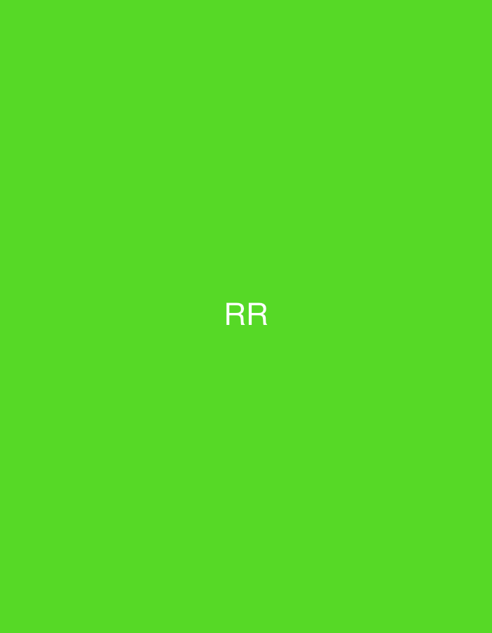 This digital graphic, located in Casablanca, Morocco, displays a solid, vibrant lime green background. Centrally positioned on this background are two uppercase sans-serif letters, 'RR', rendered in white. No other subjects, objects, or environmental details are visible within the image frame.