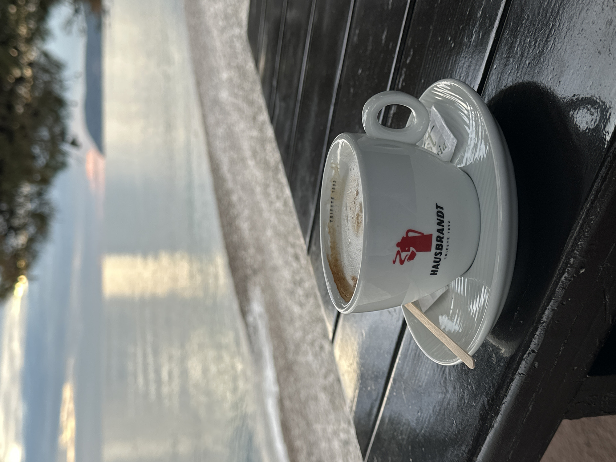 A cup of cappuccino is sitting on a saucer on a dark wooden table. A sugar packet and wooden stirrer rest on the saucer. In the background, the sea and distant shoreline are visible. The cup bears the logo "Hausbrandt Trieste 1892". This is likely a cafe scene in Bar, Montenegro, given the provided location context.
