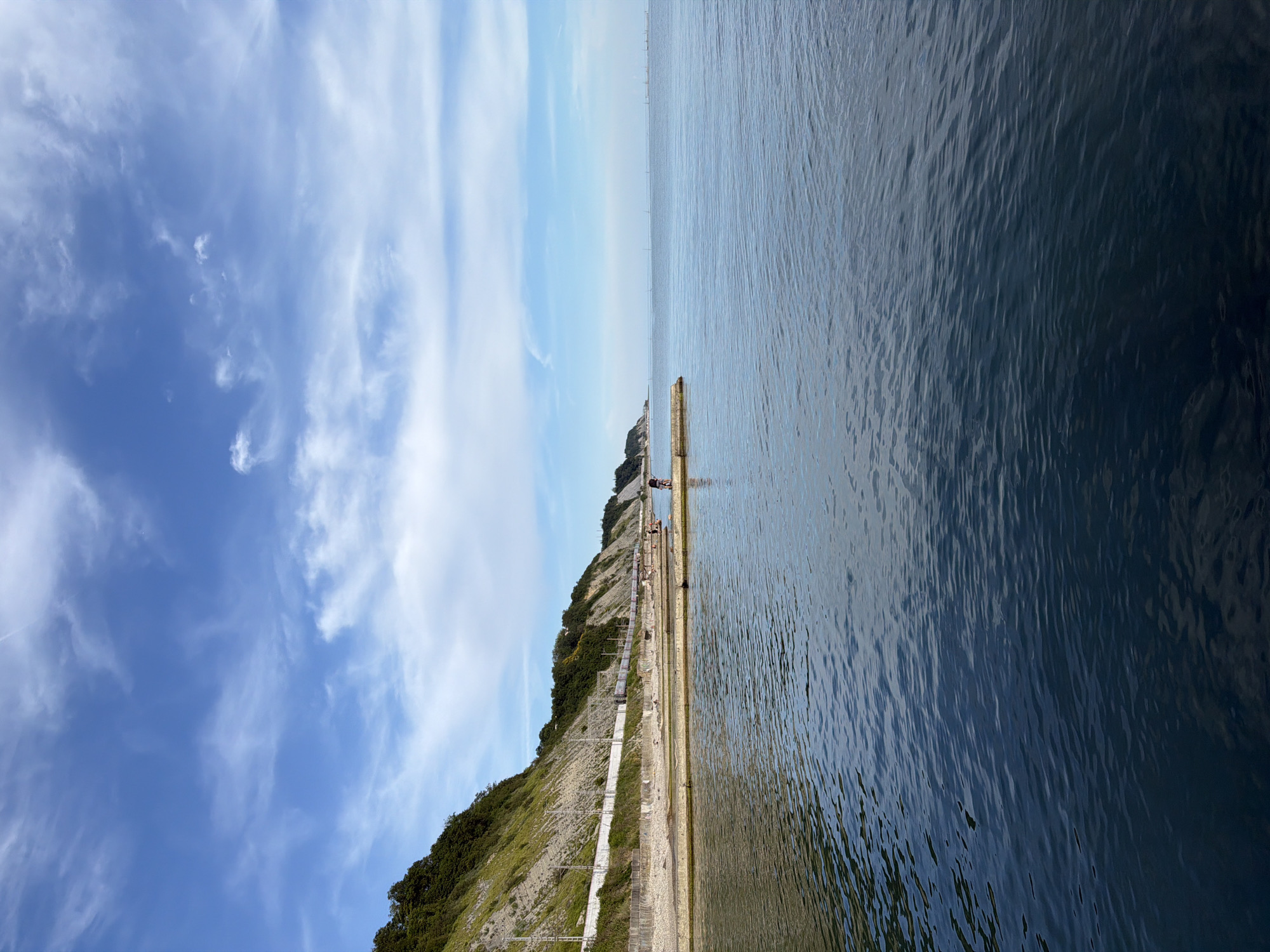 The image captures a scenic view of the coastline in Dederkoy, Russia. The foreground is dominated by deep blue water with gentle ripples reflecting the sky. A concrete pier extends into the sea from the left, where a few people are visible, one appearing to be fishing. Along the coastline, a sloping green hill is covered with trees and vegetation, with a white retaining wall and a railway track running along its base. The background features a vast expanse of the sea meeting a pale blue sky with scattered white clouds.