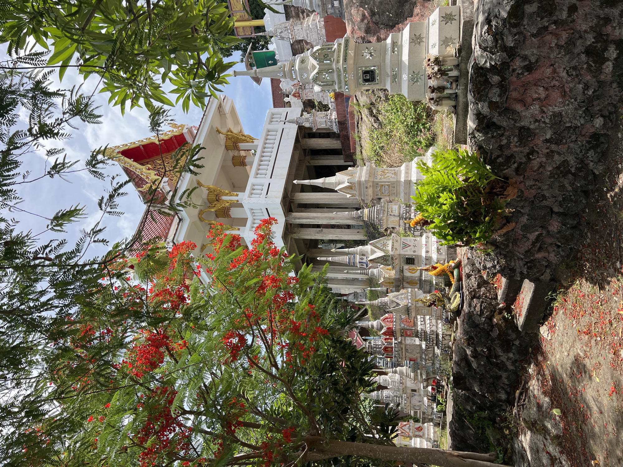 This is a photograph of a Buddhist cemetery located in Baan Hua Thanon, Thailand. The scene features numerous small, ornate stupas and tomb-like structures arranged on a hillside. In the foreground, a stone wall borders a pathway. A large tree with vibrant red flowers is situated on the left side of the image, partially obscuring the view of a white and gold temple structure in the background. The ground is covered with fallen red flower petals. In the middle ground, near the stone wall, a statue of a multi-headed serpent (Naga) adorned with yellow garlands is visible. The sky is partly cloudy.